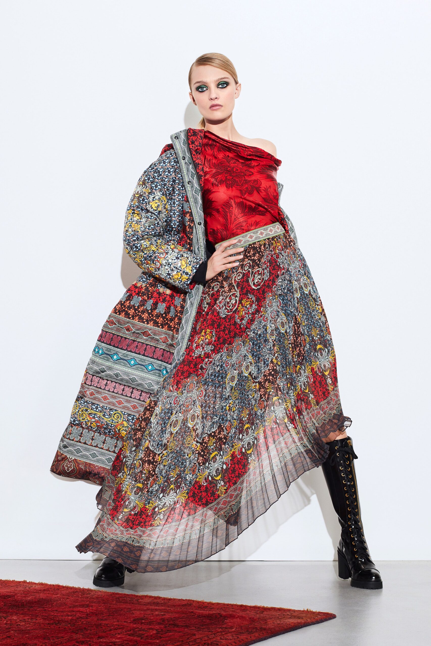 red multi-layered dress with coat
