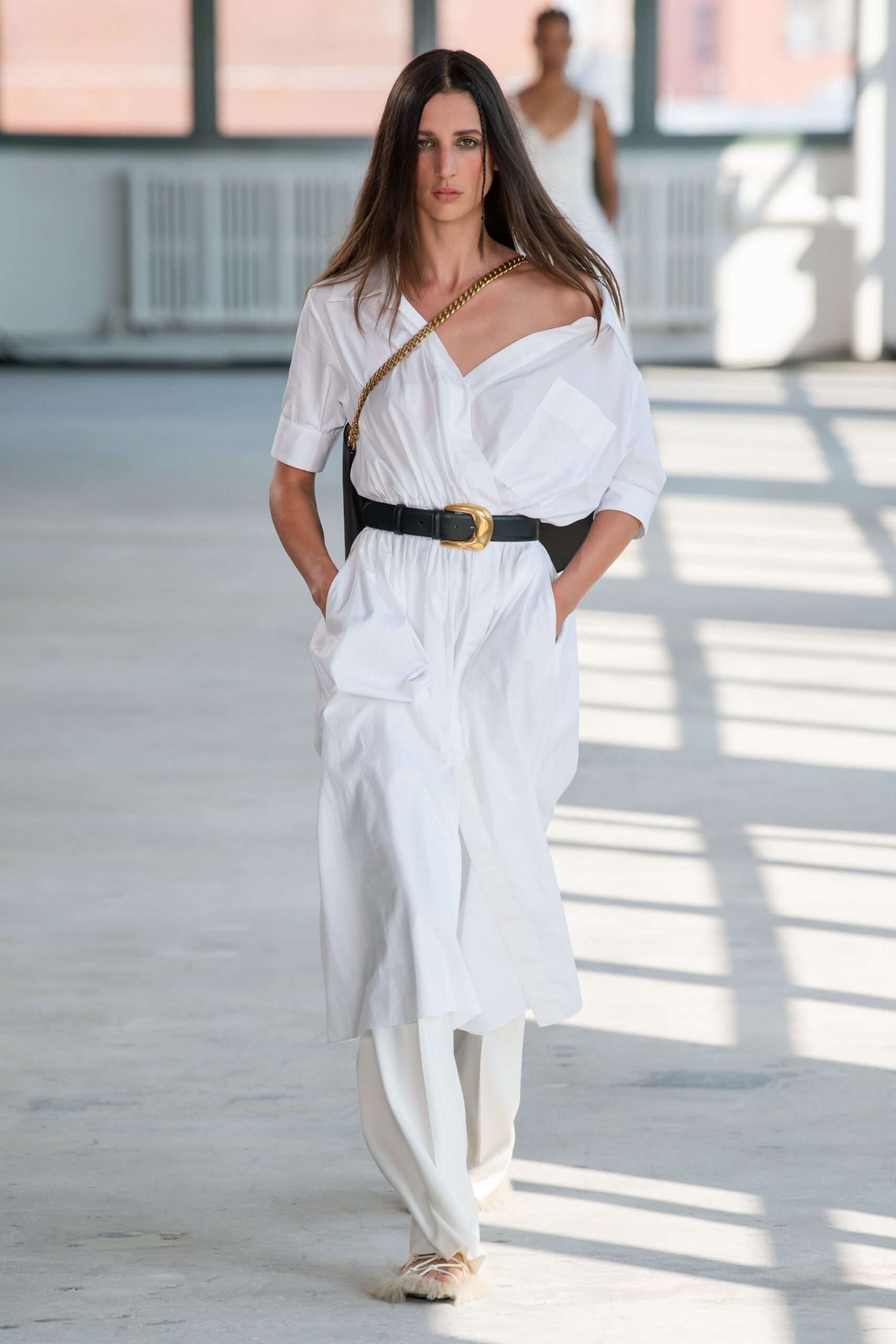 white off-shoulder belted dress