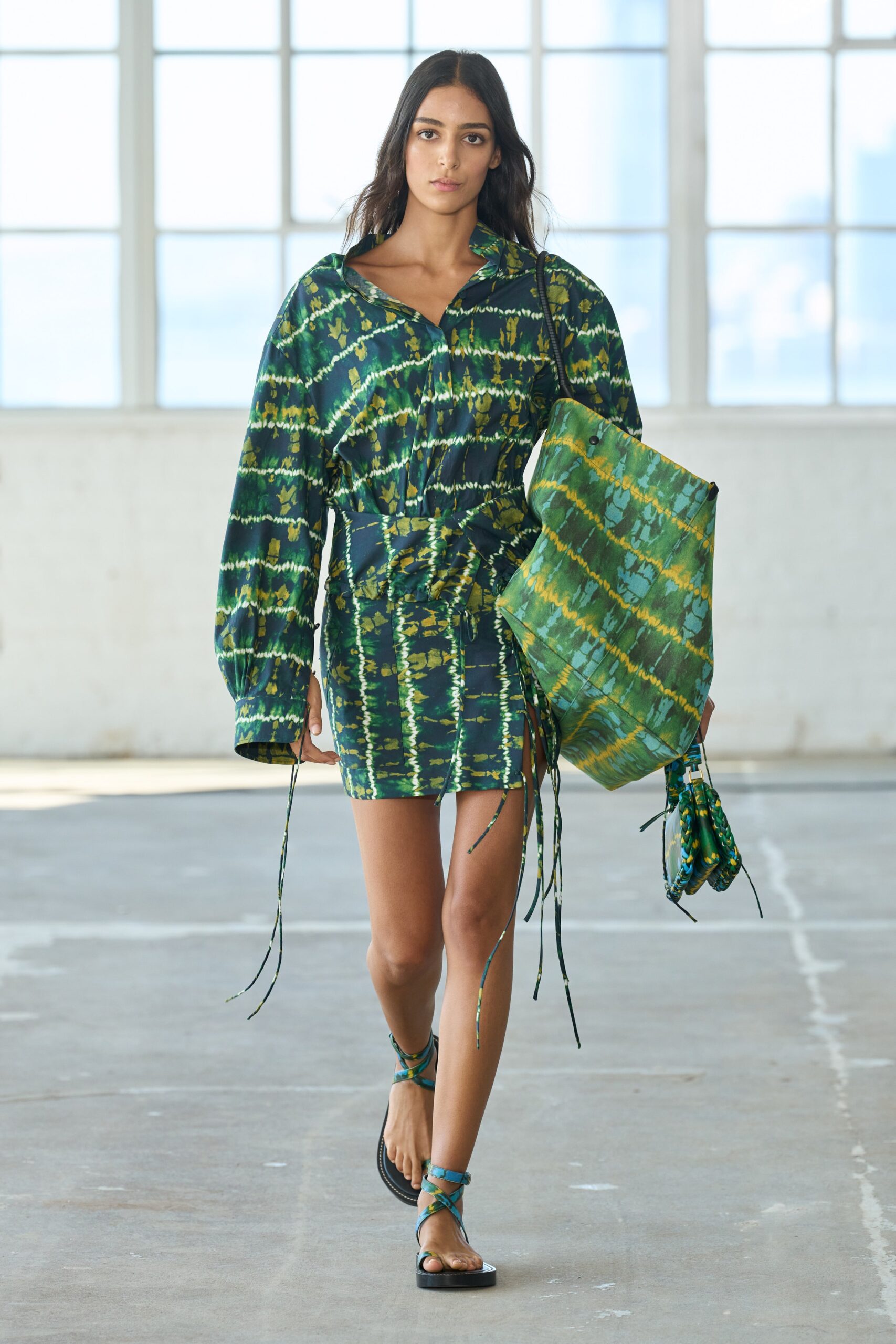 green cotton long-sleeve collared fitted ruched tiered dress