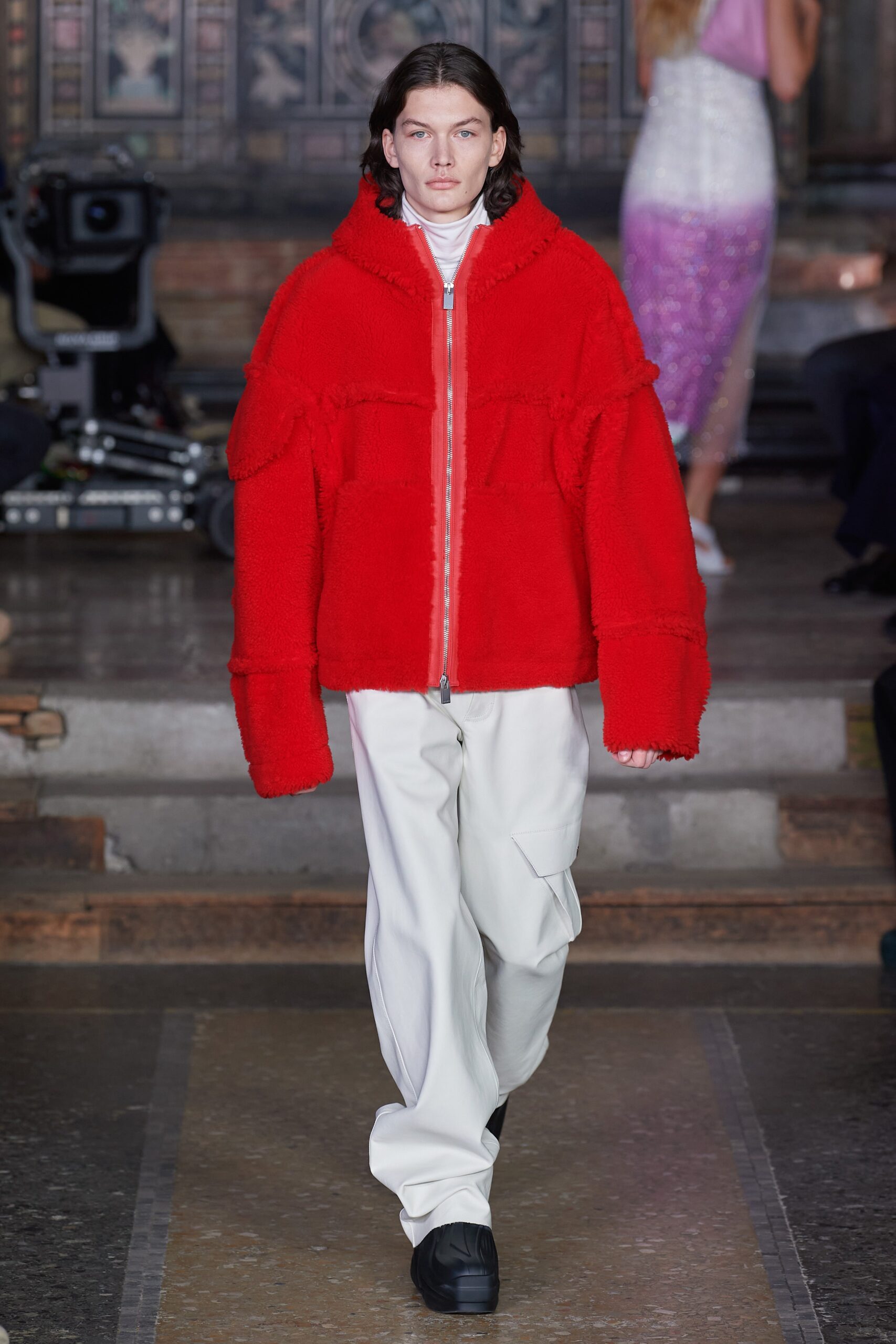 red faux-fur long-sleeve collared oversized zippered jacket