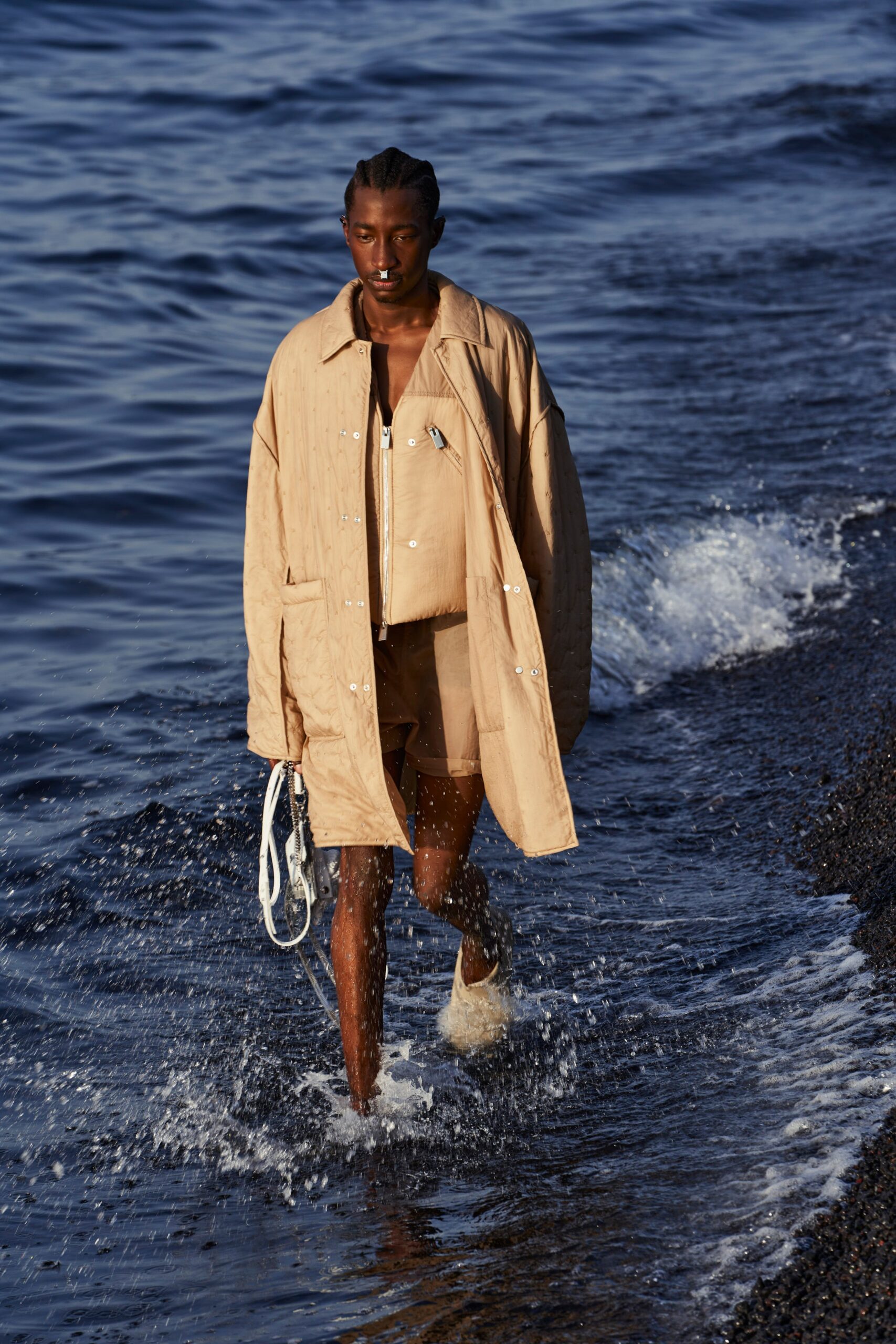 beige oversized coat with shorts