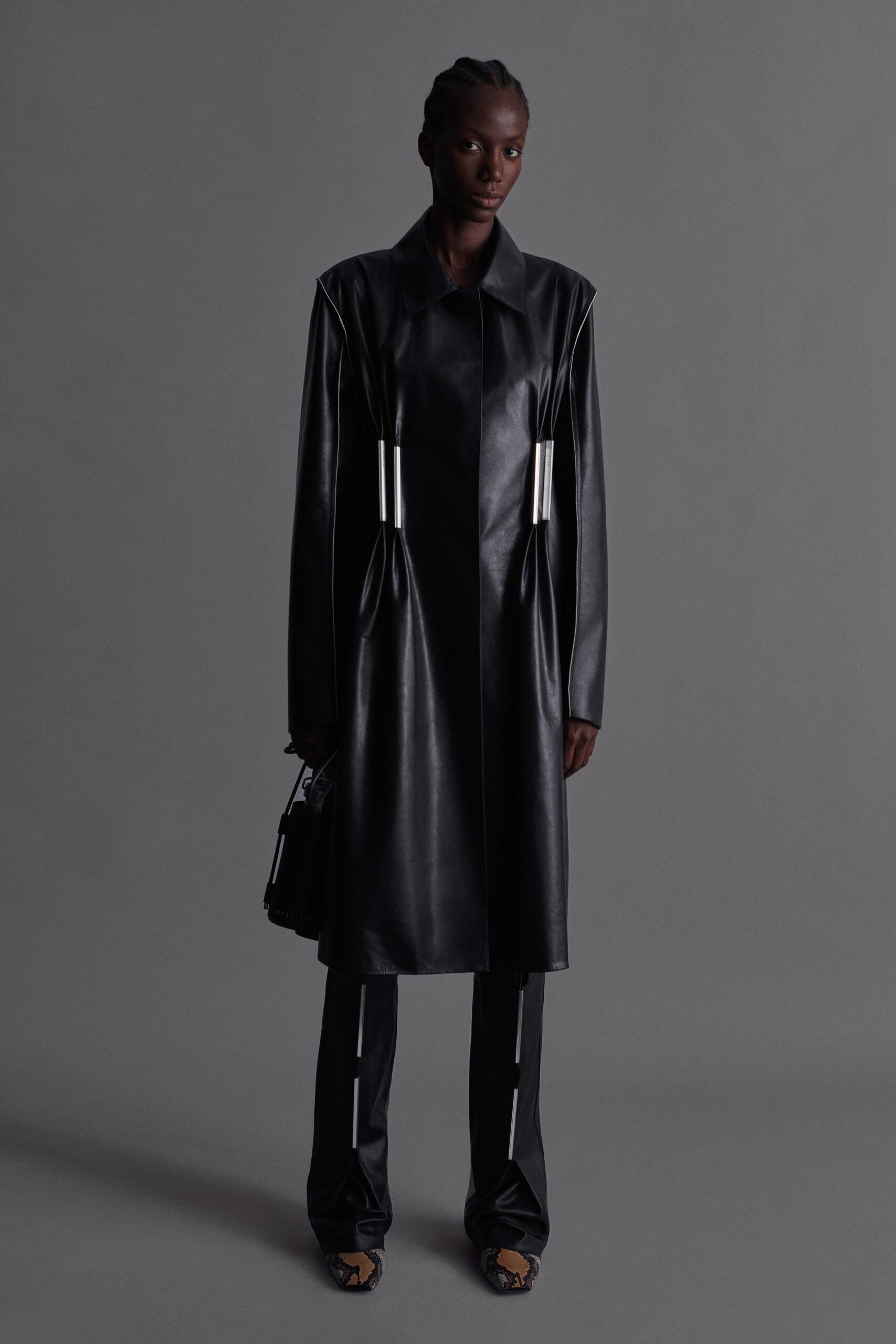 black leather coat and pants