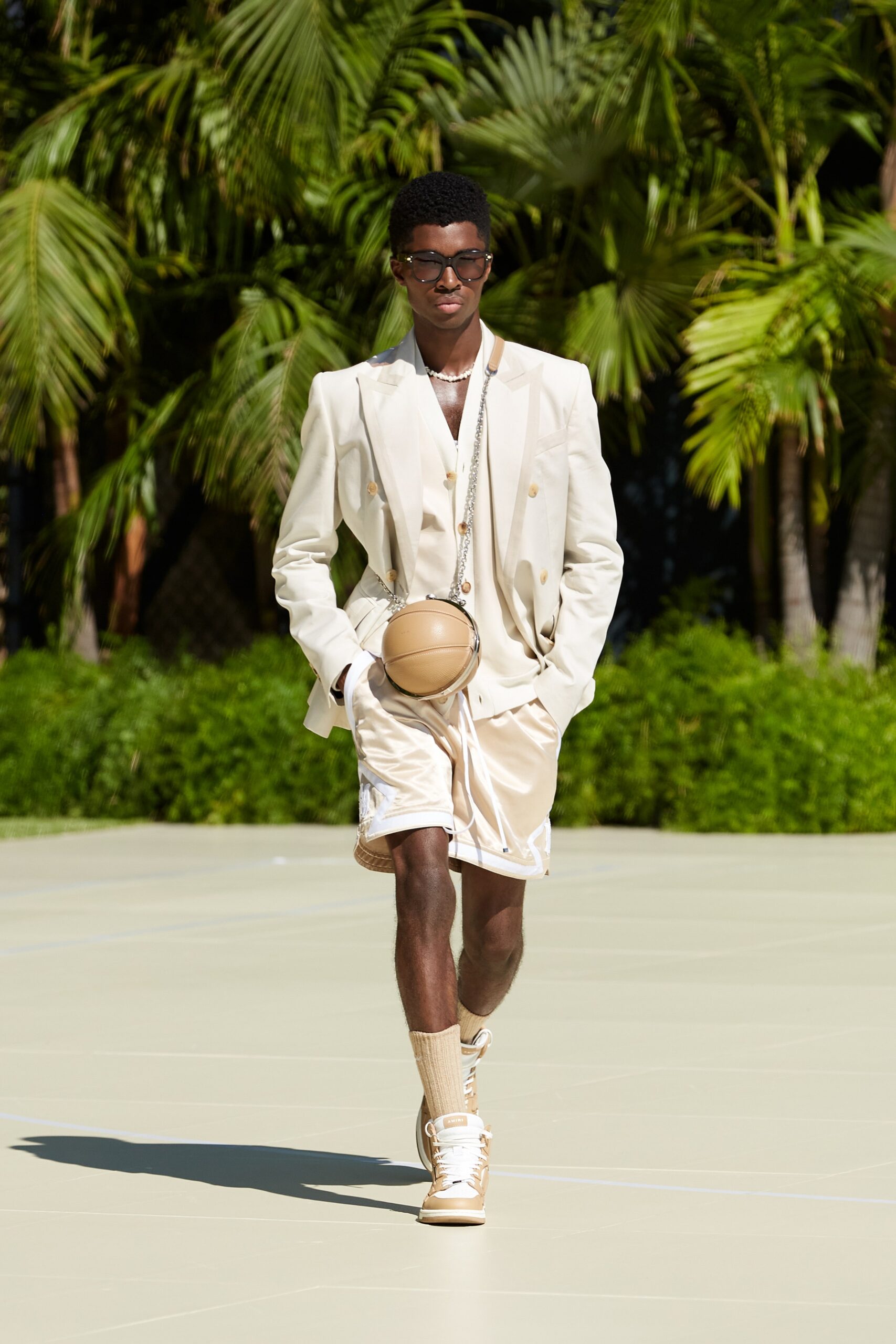 beige tailored suit with shorts