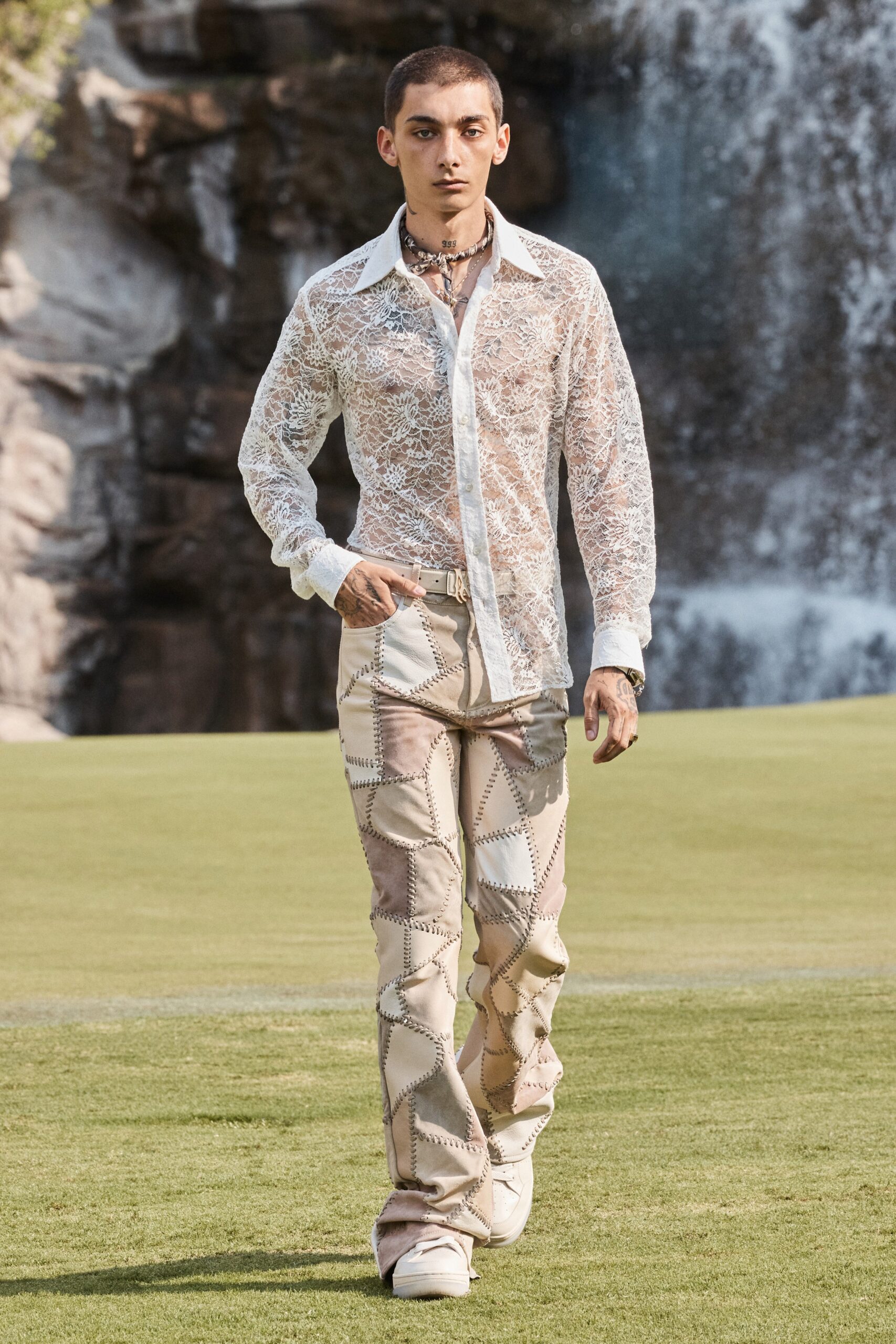 white lace shirt and beige flared pants