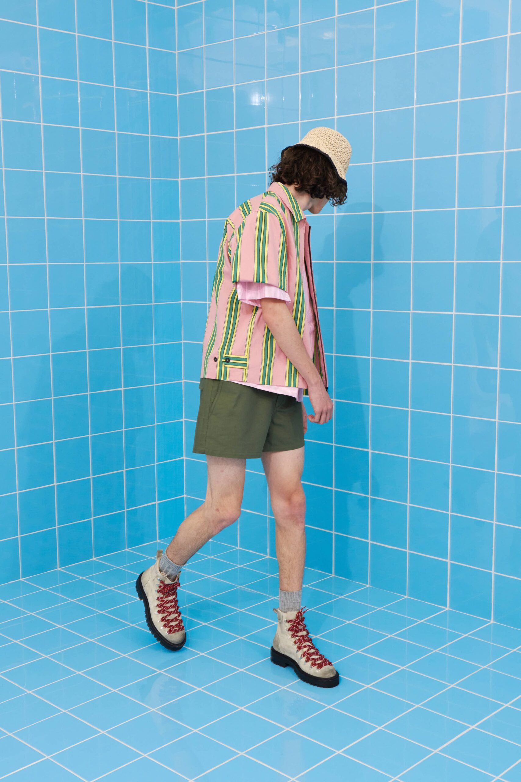 relaxed pink striped shirt with green shorts