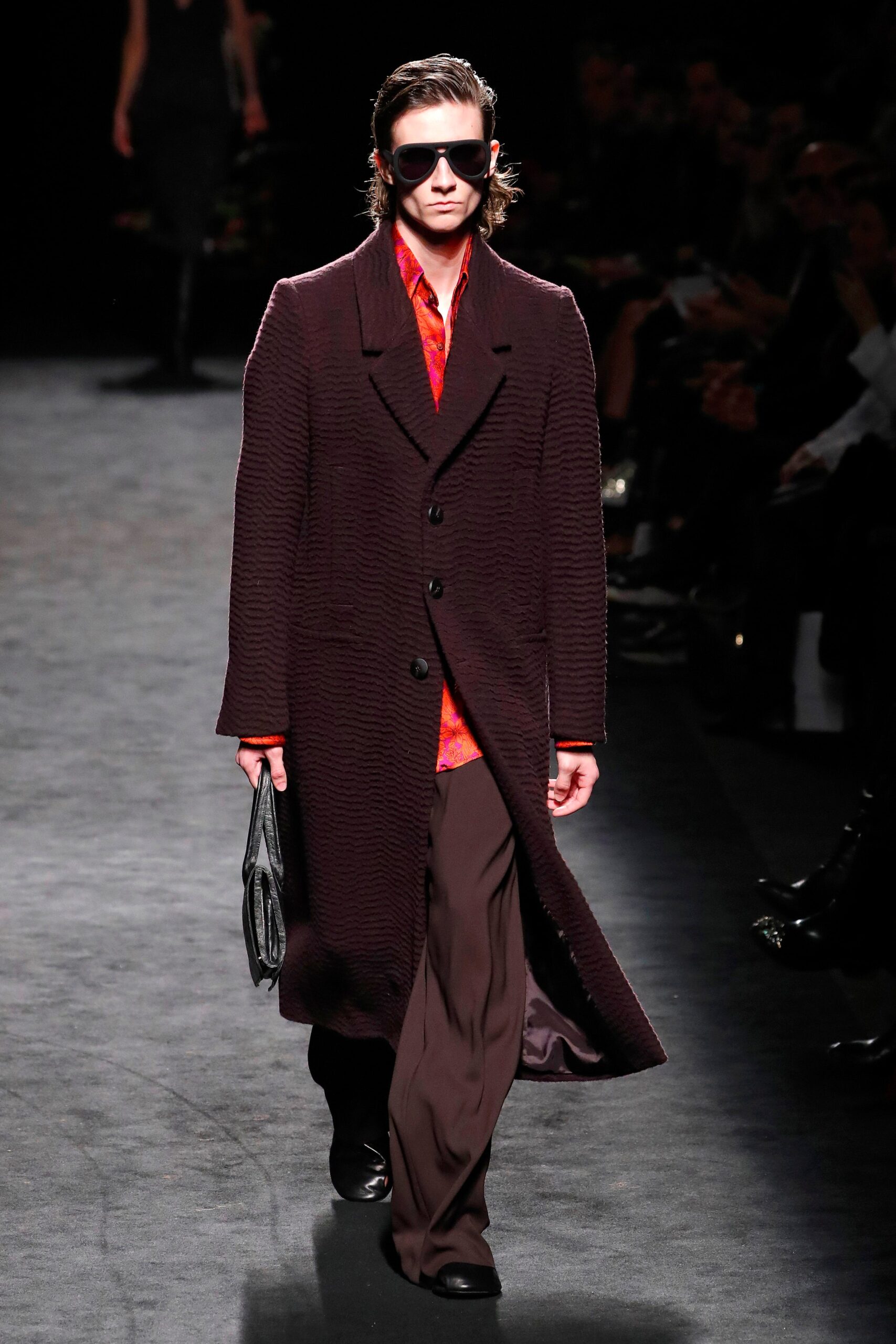 maroon wool coat with red shirt