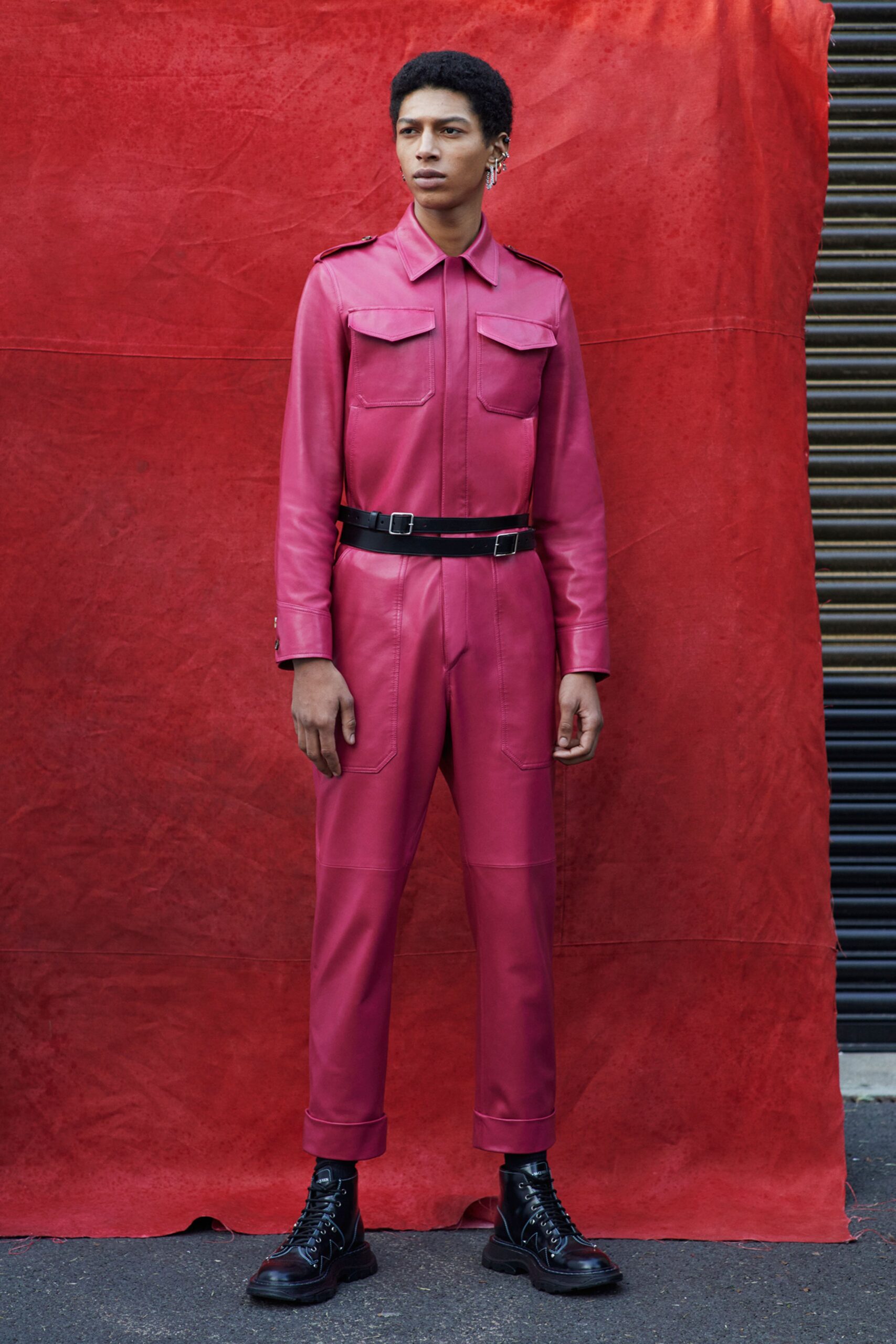 pink leather fitted jumpsuit
