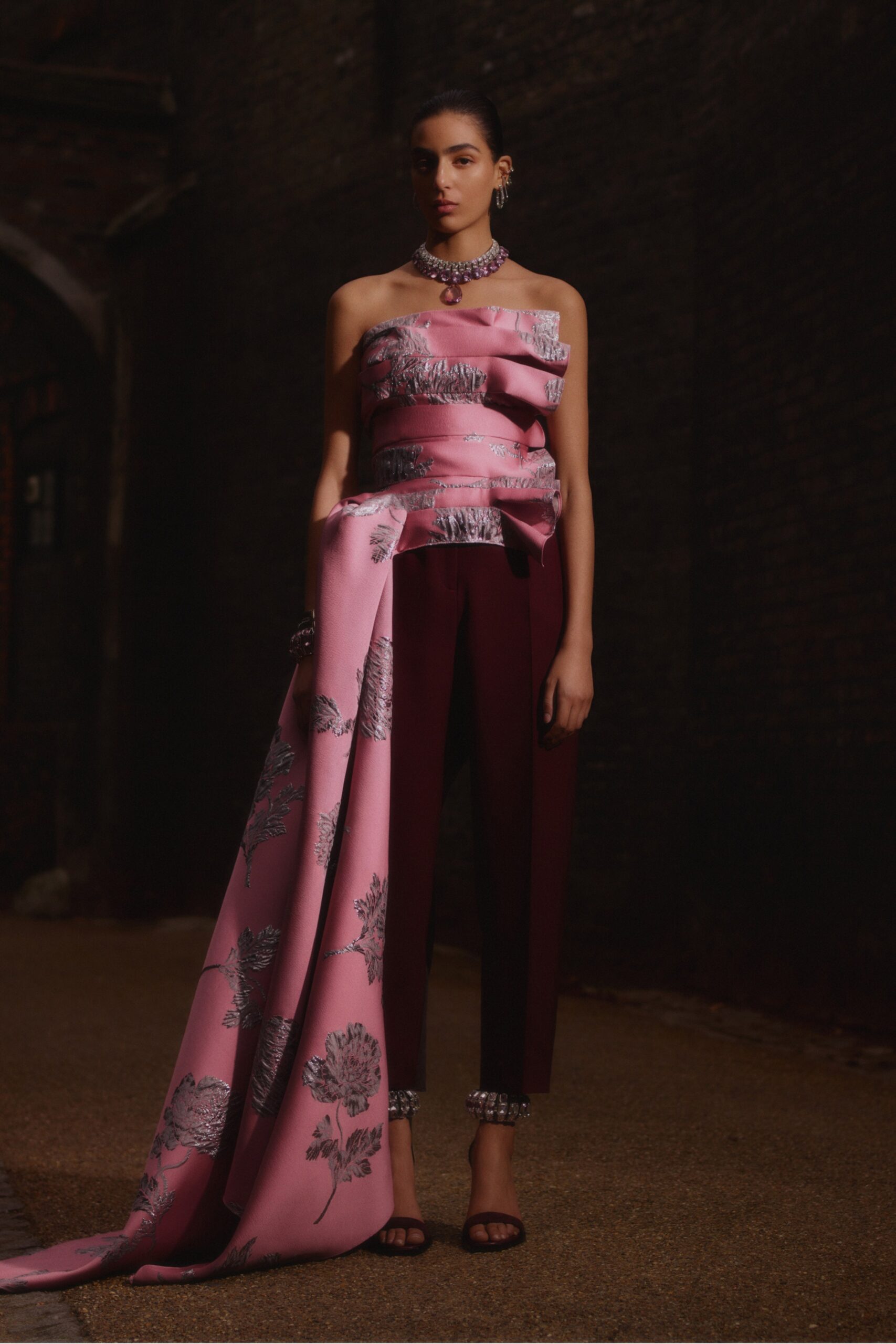 pink silk sleeveless off-shoulder fitted draped embroidered top