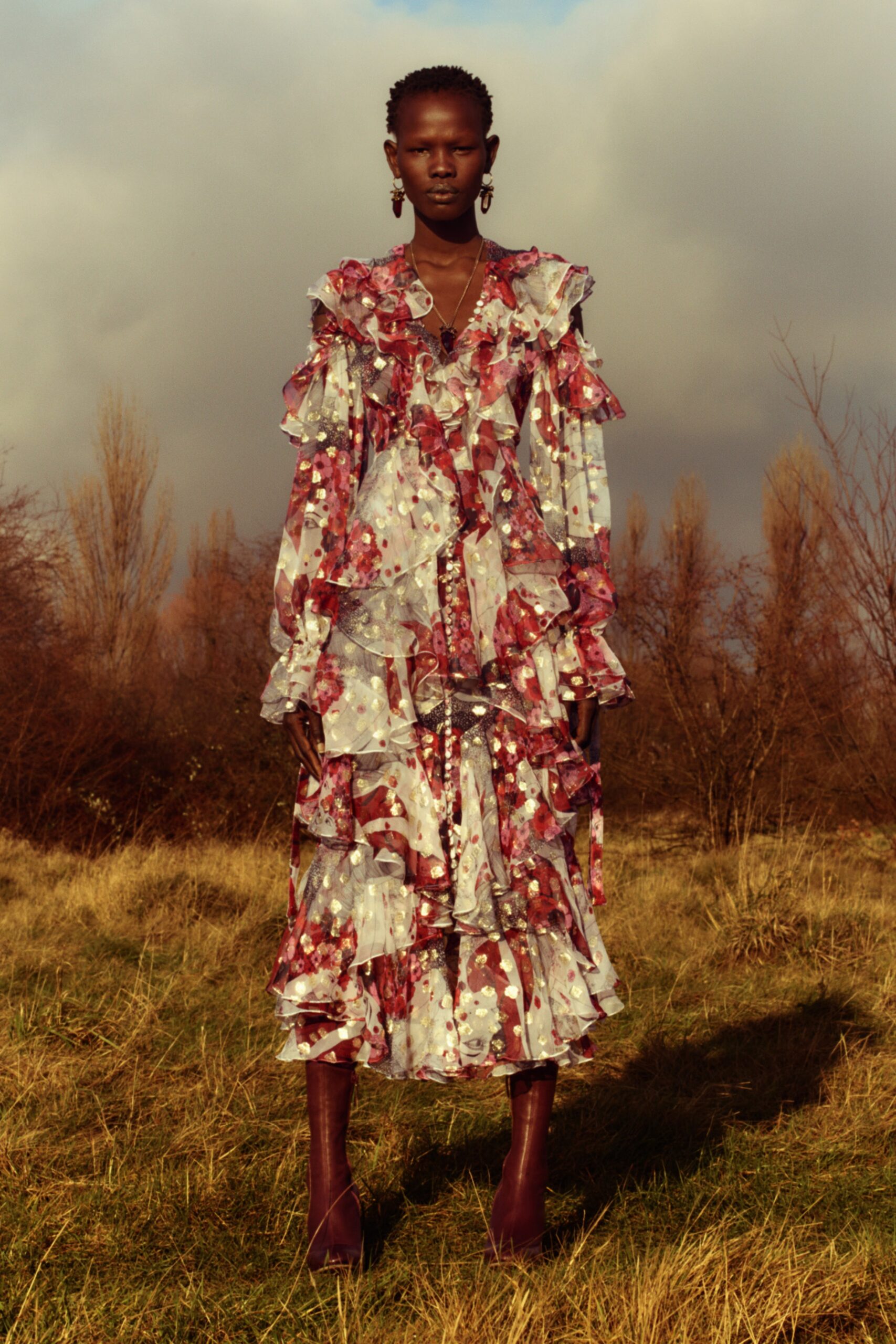 multi-colored ruffled maxi dress
