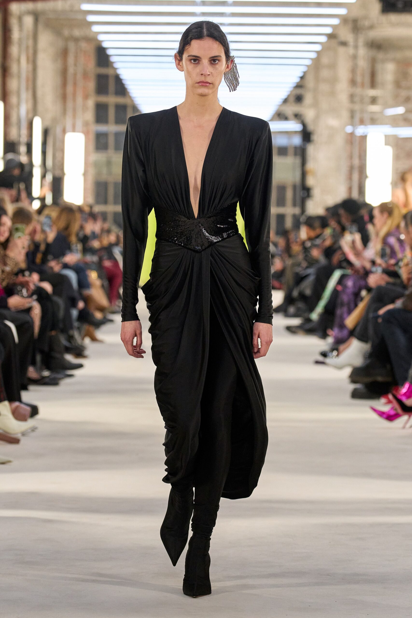 fitted black silk midi dress