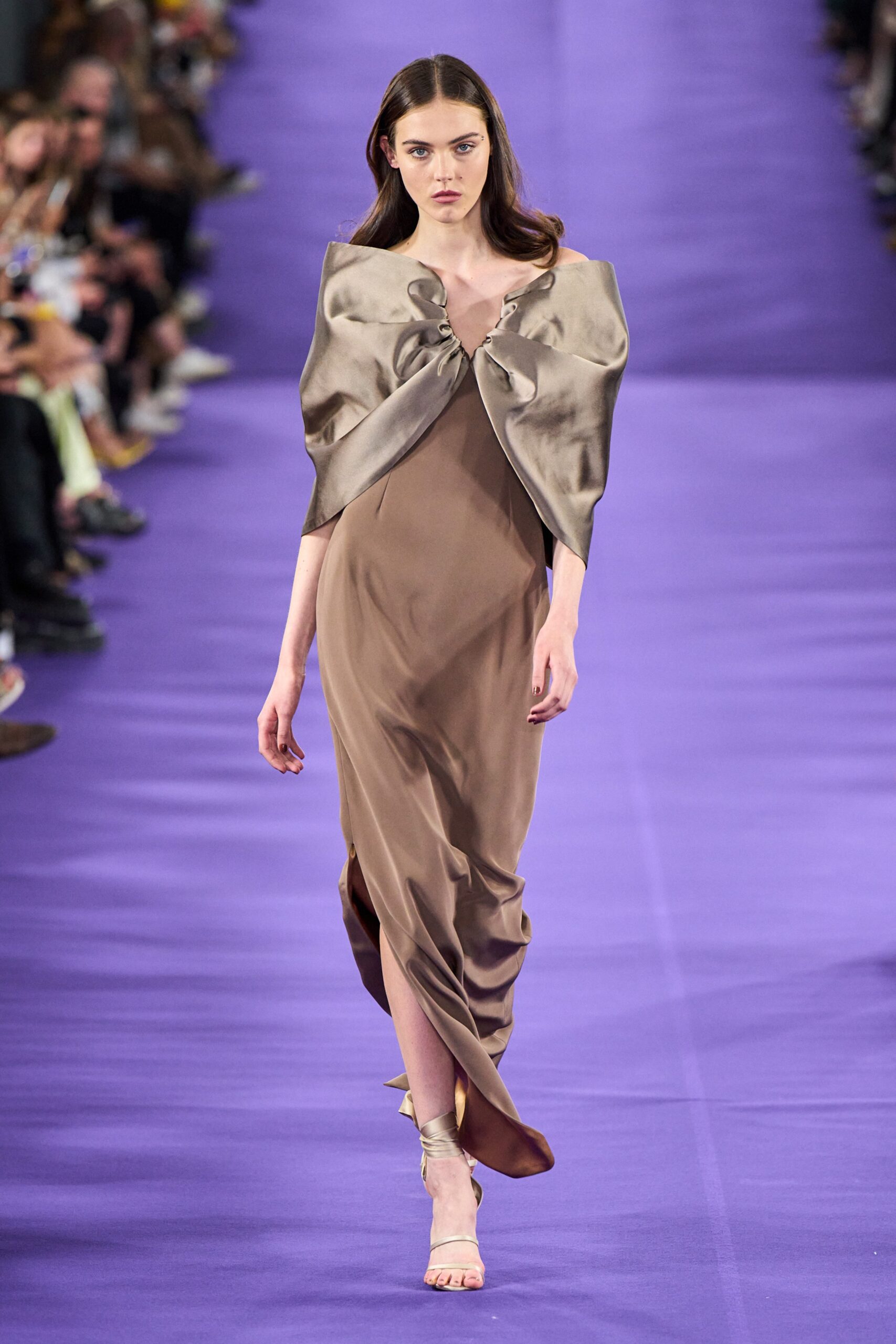 brown silk midi dress with gold cape