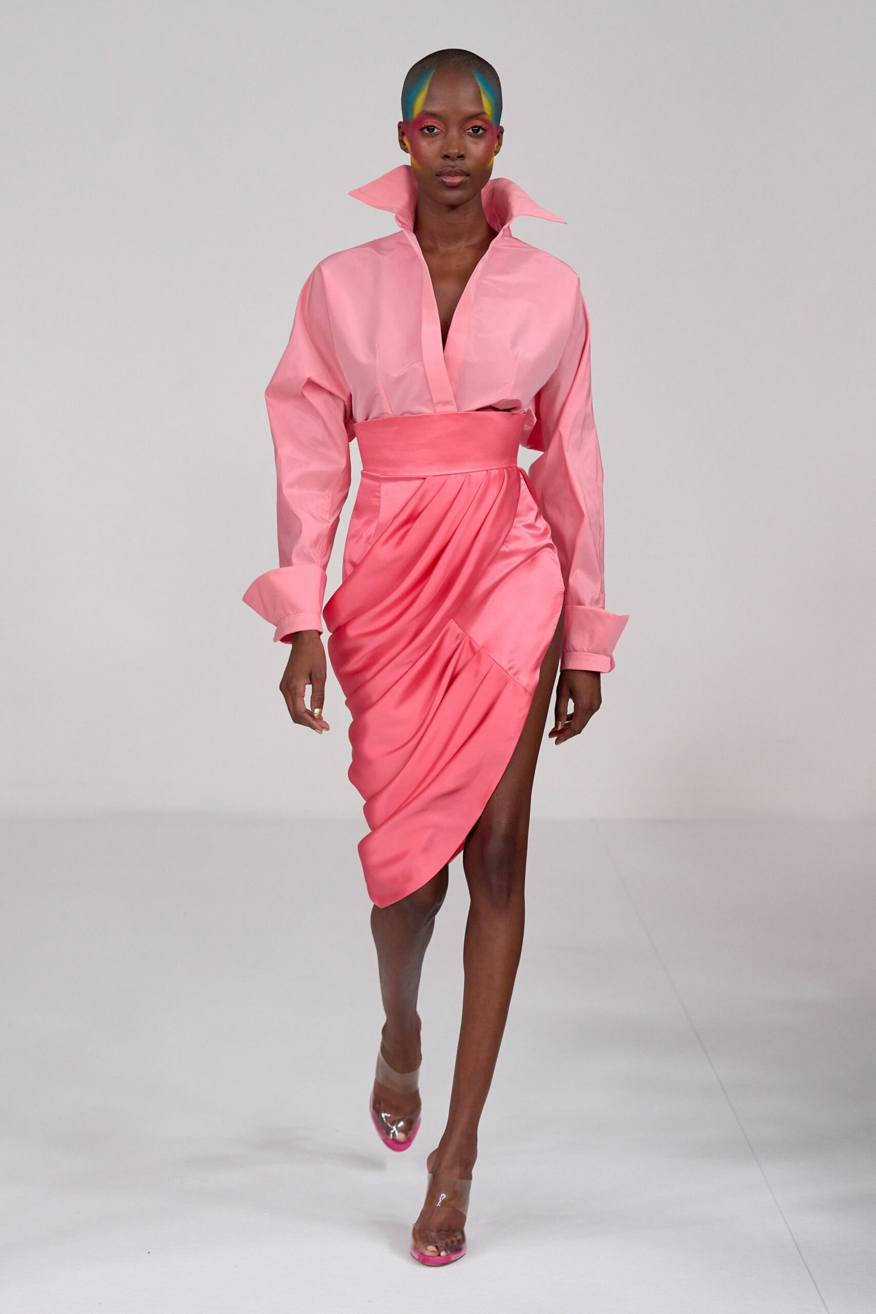 pink silk fitted shirt-dress