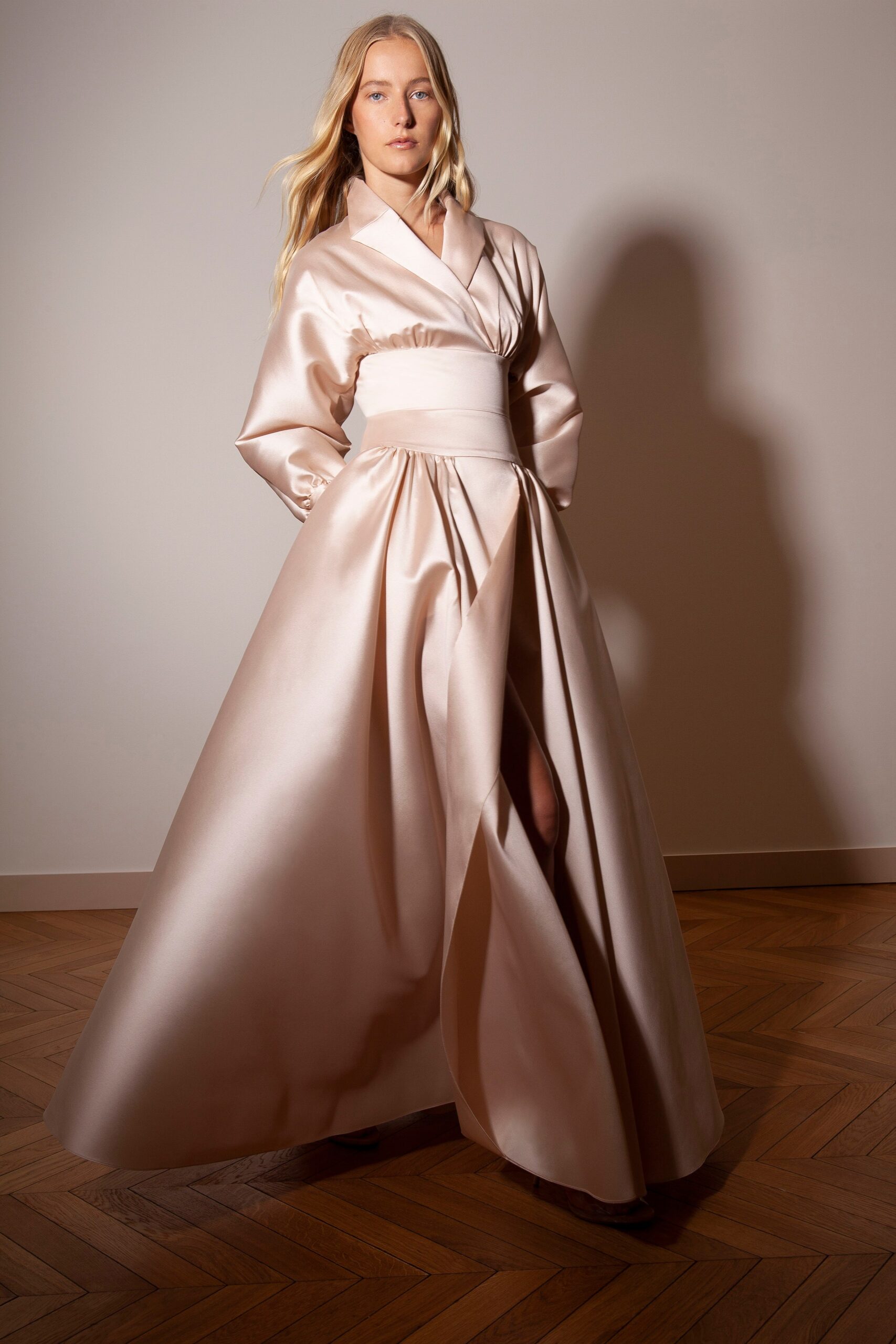 beige silk long-sleeve gown