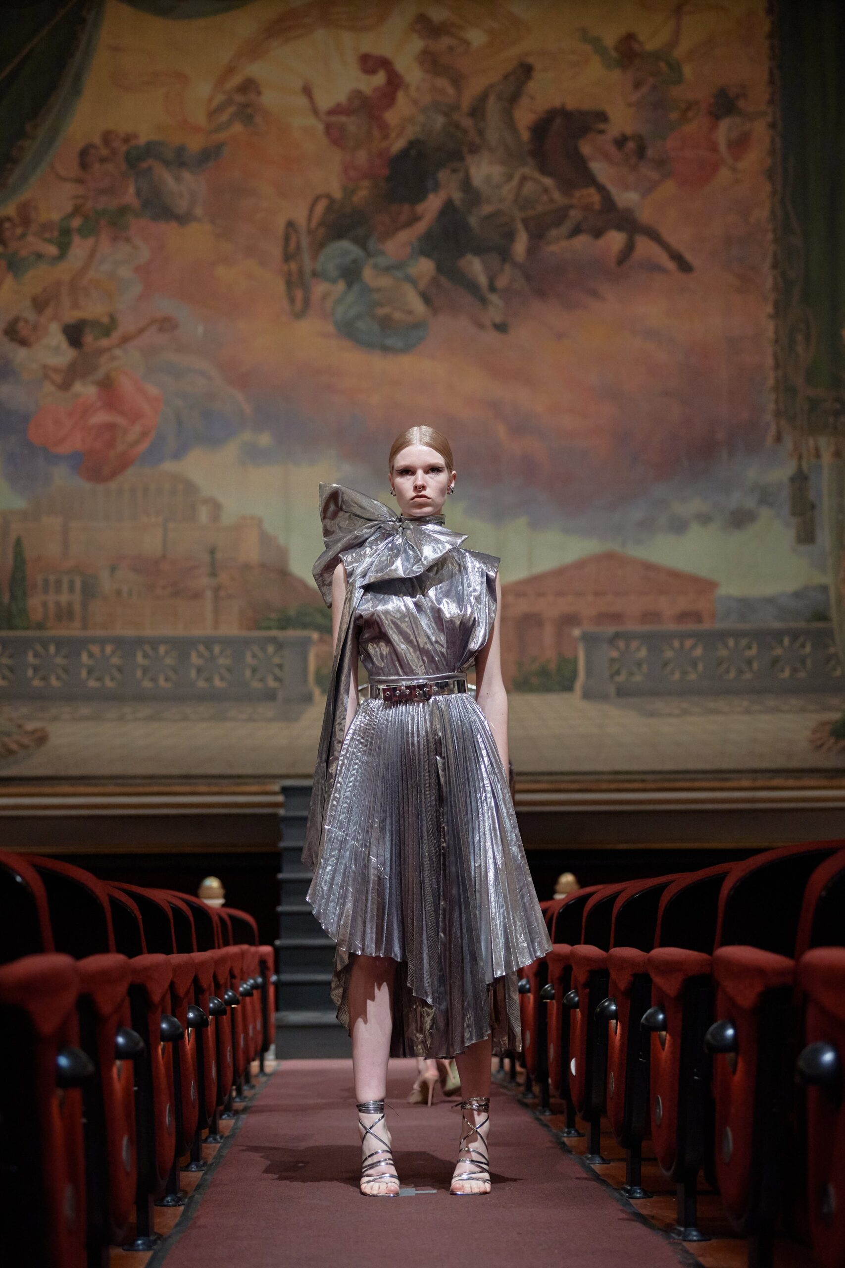 silver pleated asymmetric dress
