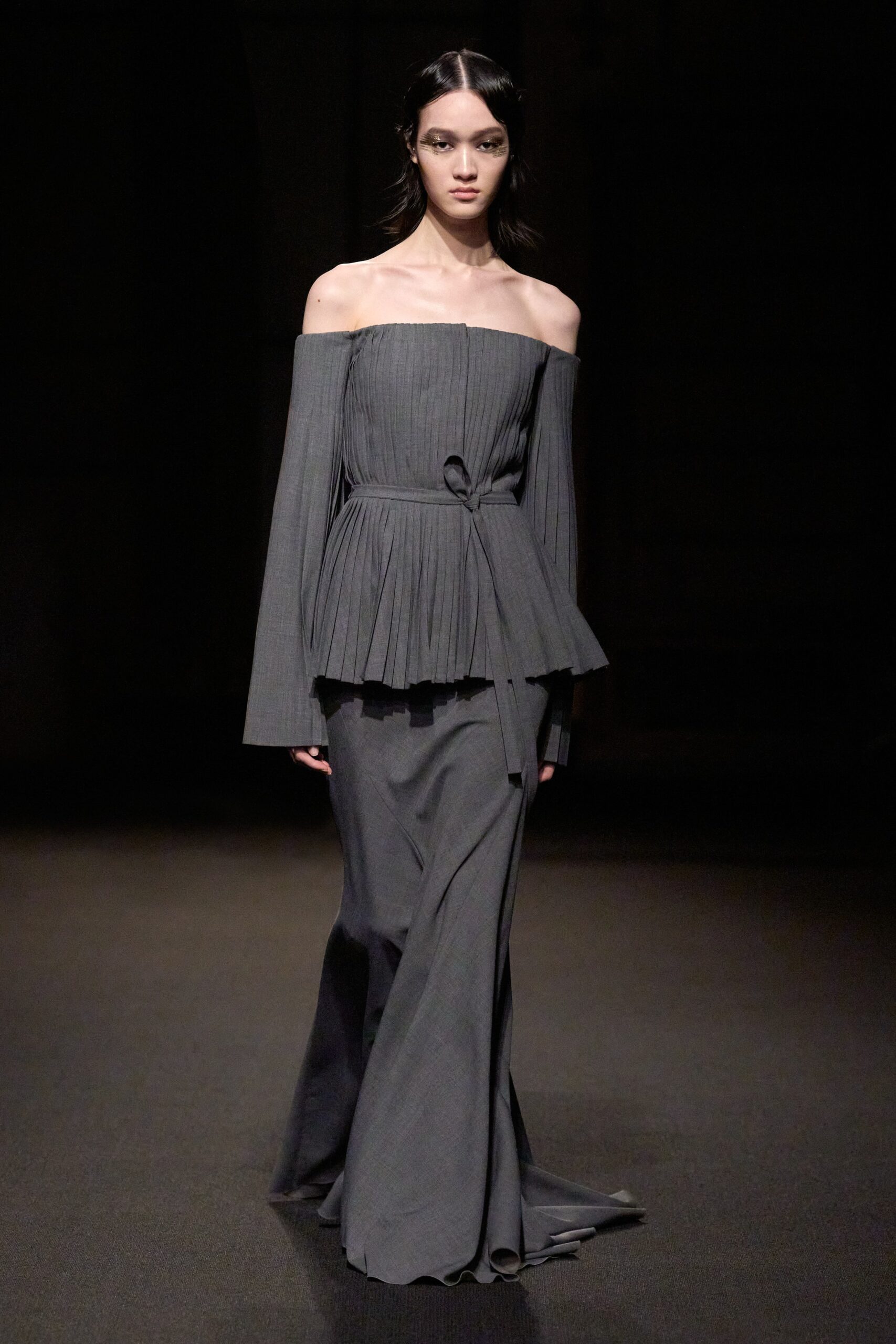 gray silk off-shoulder gown
