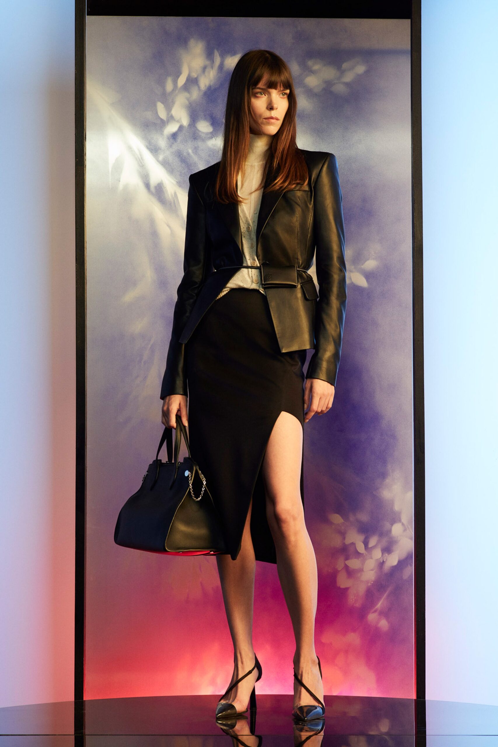 black leather blazer and skirt