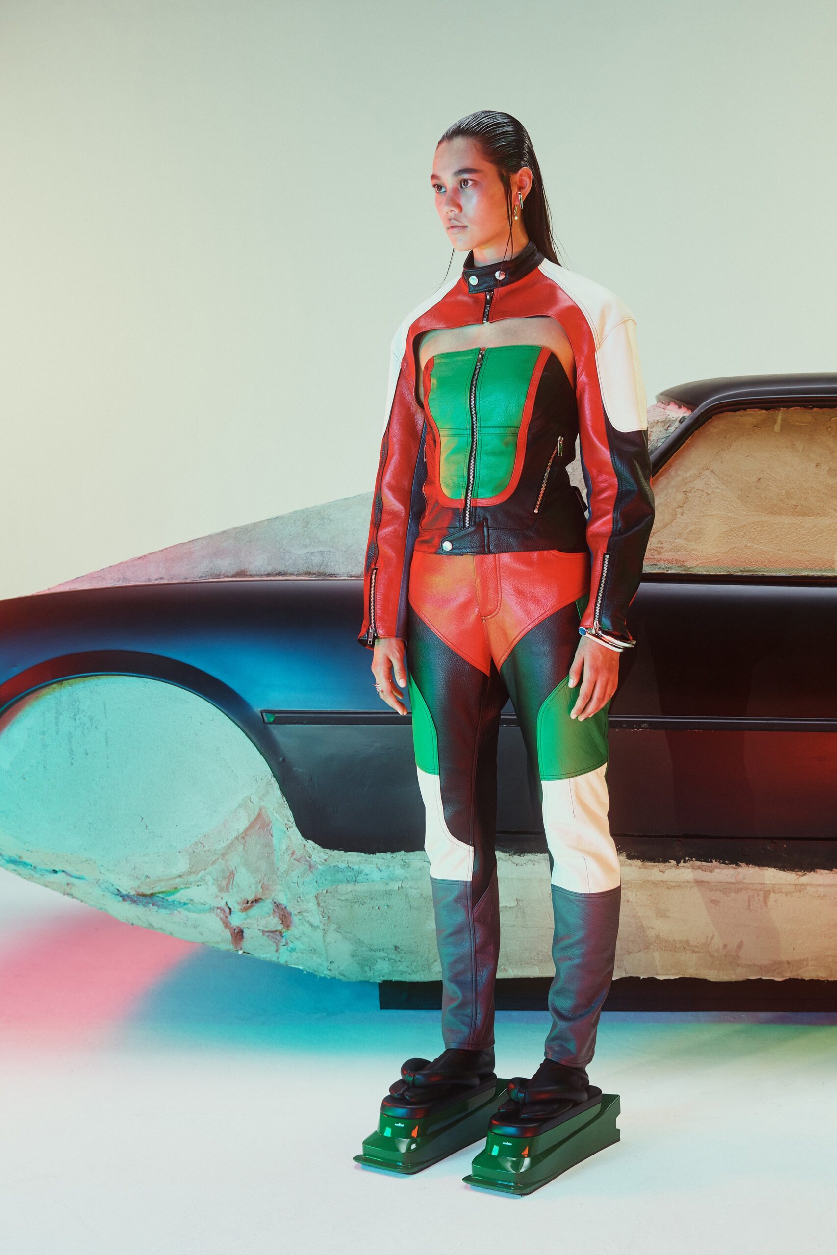 color-blocked leather catsuit