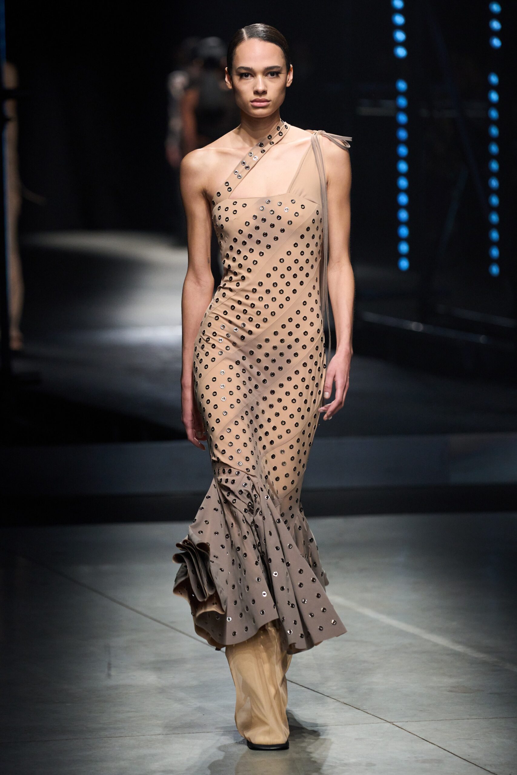 beige sheer sleeveless dress