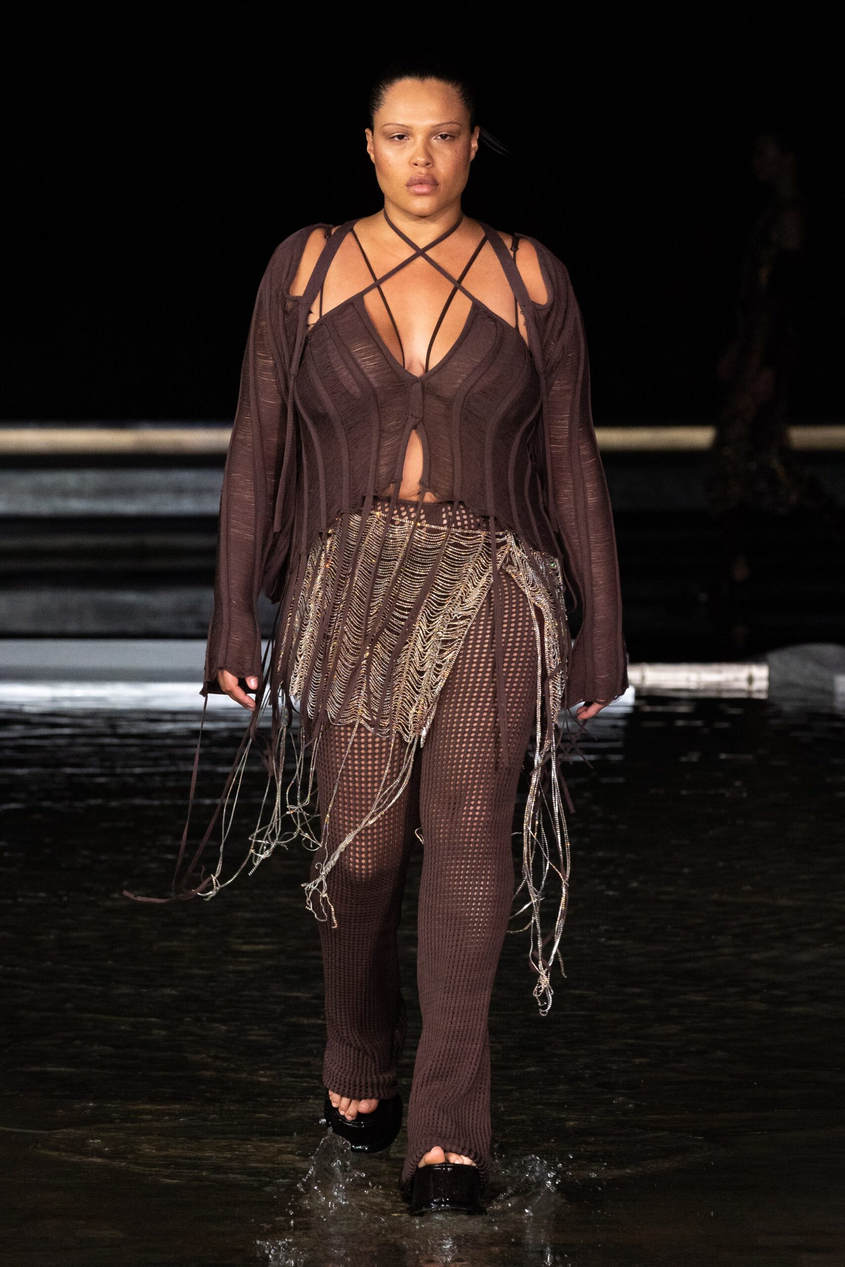 brown fitted knit top and pants