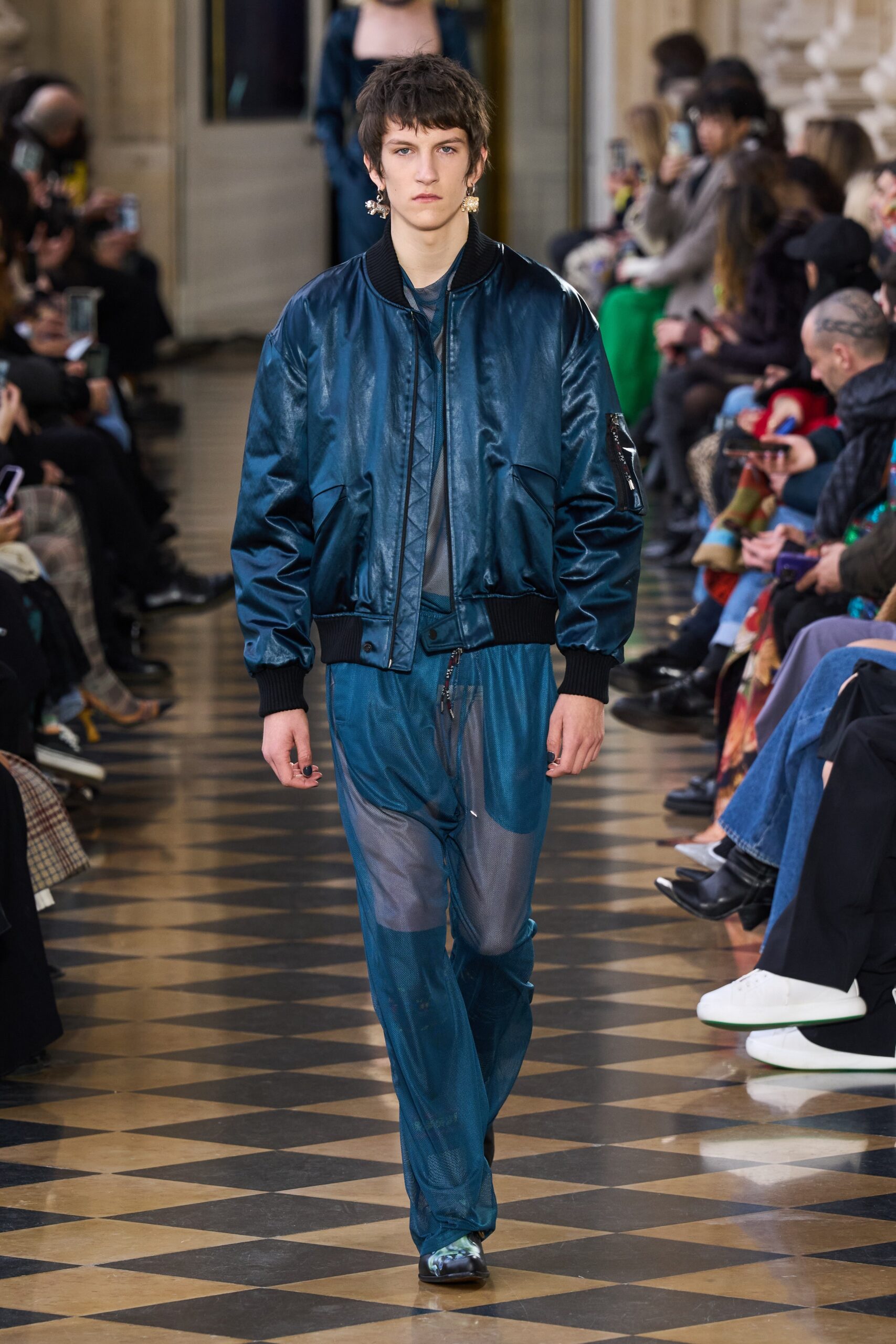 blue silk long-sleeve collared relaxed zippered shiny jacket