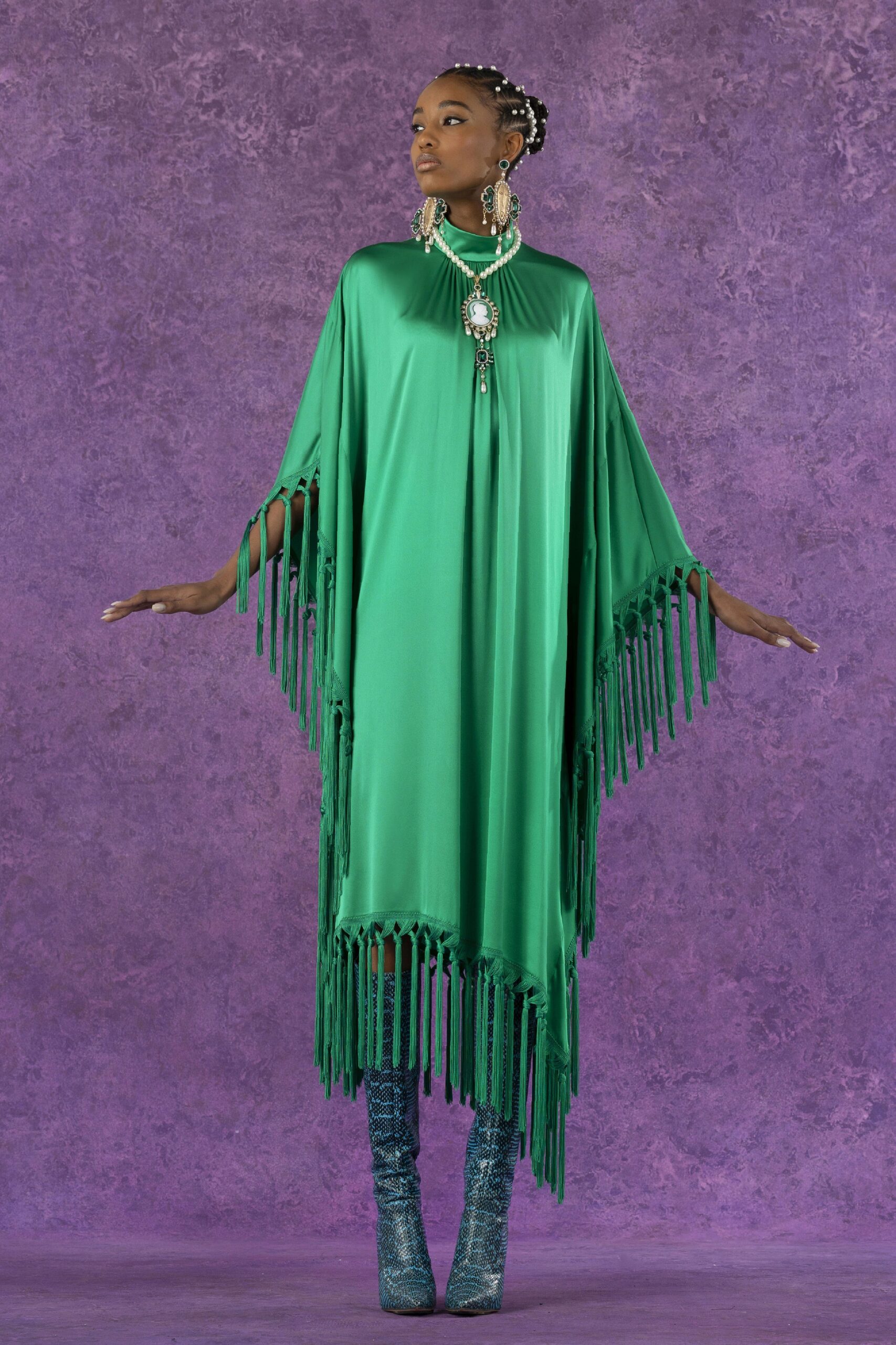 green silk fringed cape