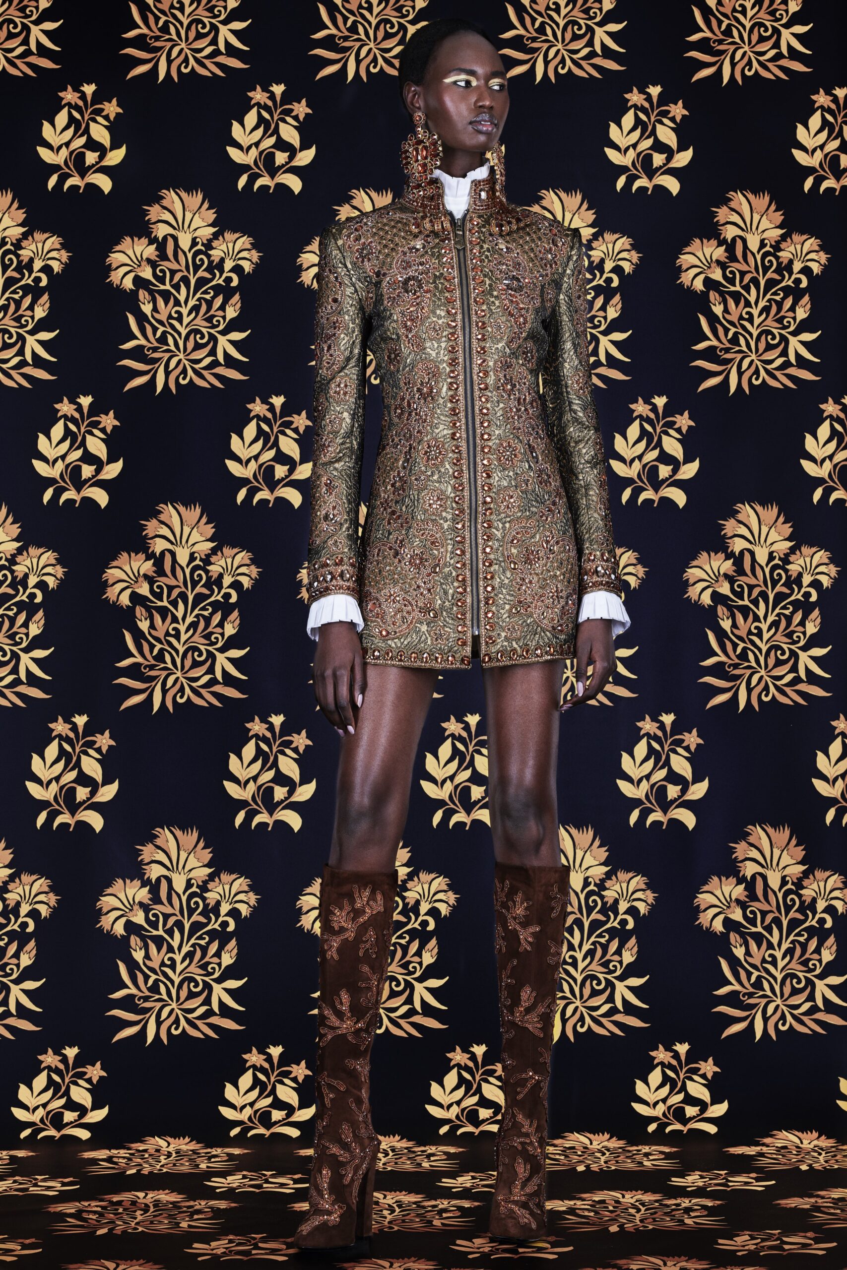 embroidered mini dress with velvet boots