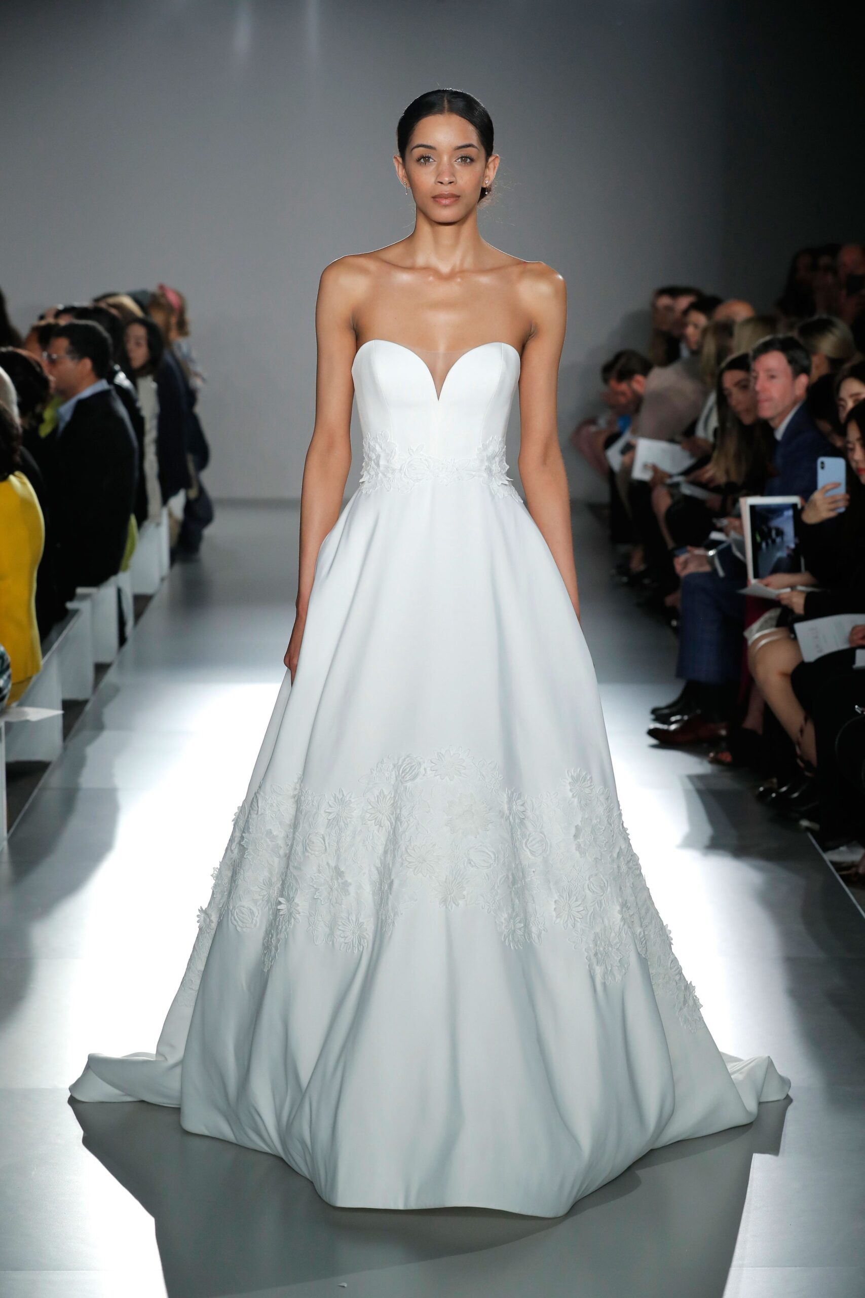 white silk strapless gown