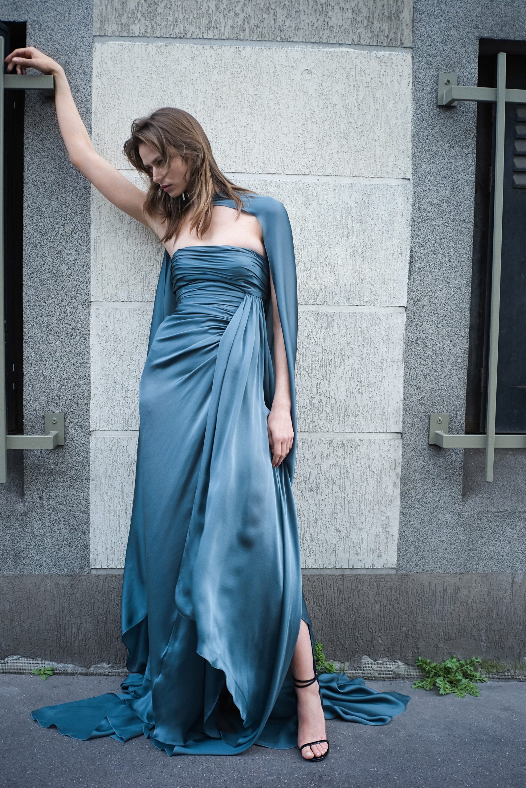 blue silk strapless gown with cape