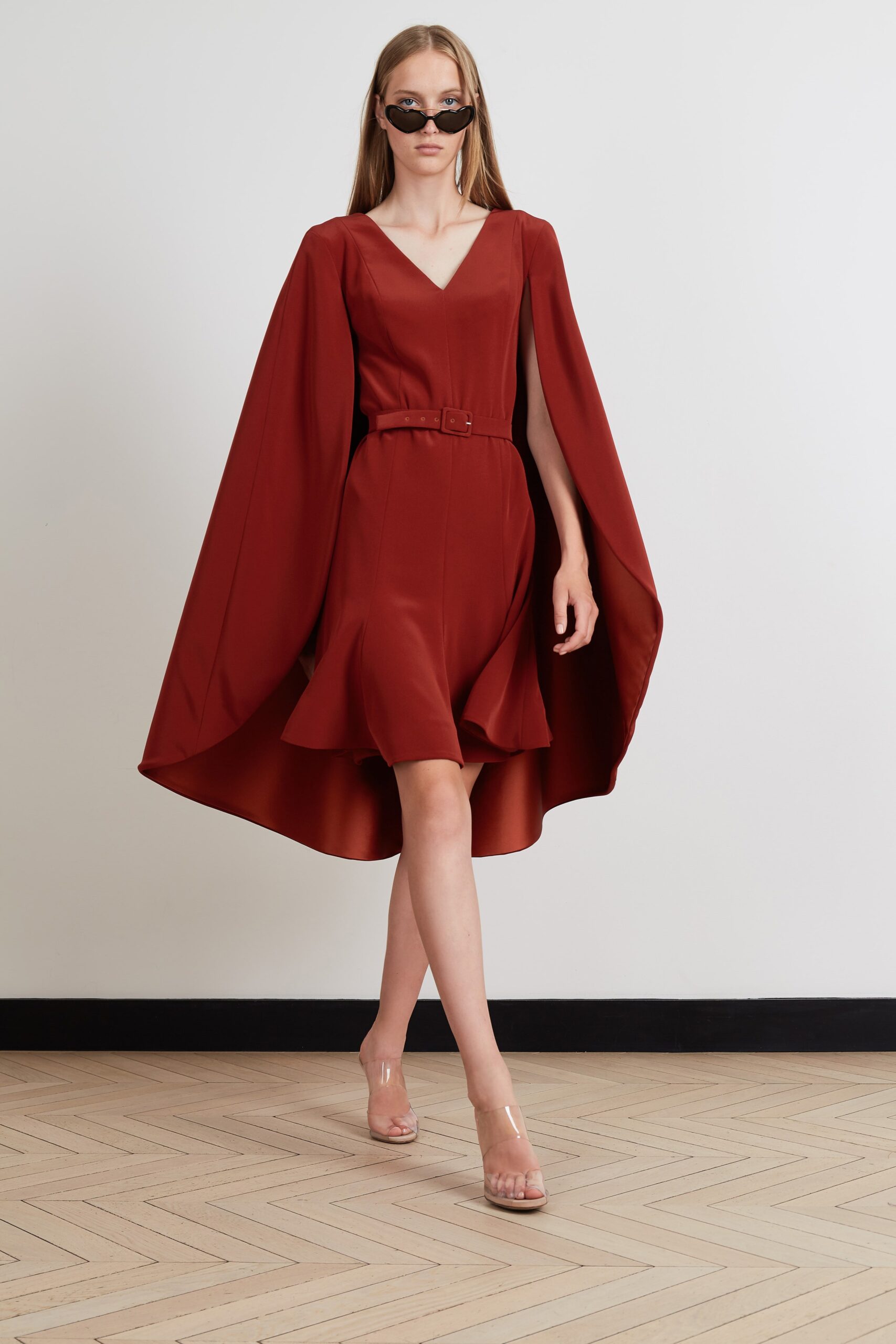 red silk fitted dress with cape