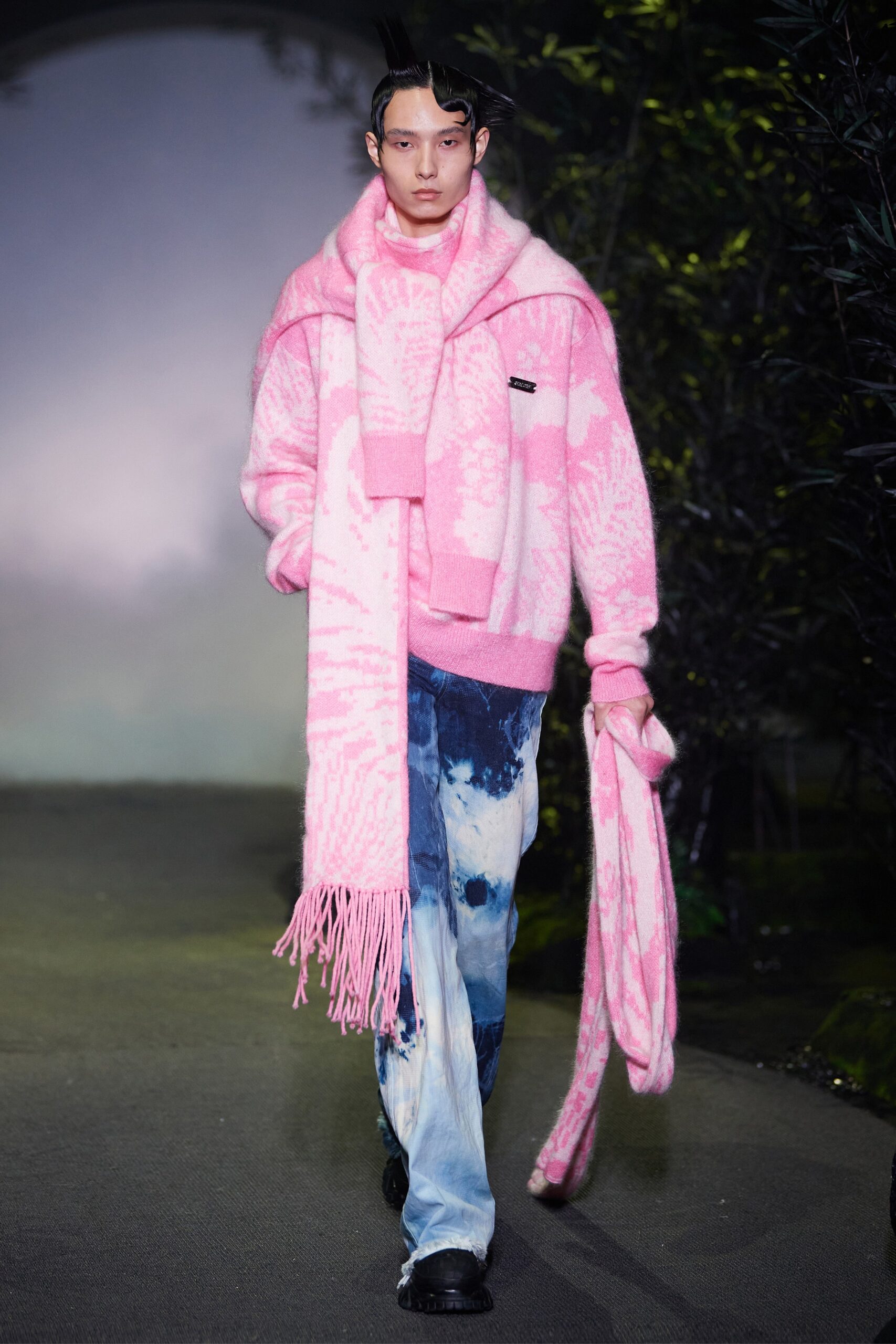 pink wool long-sleeve collared oversized fringed sweater