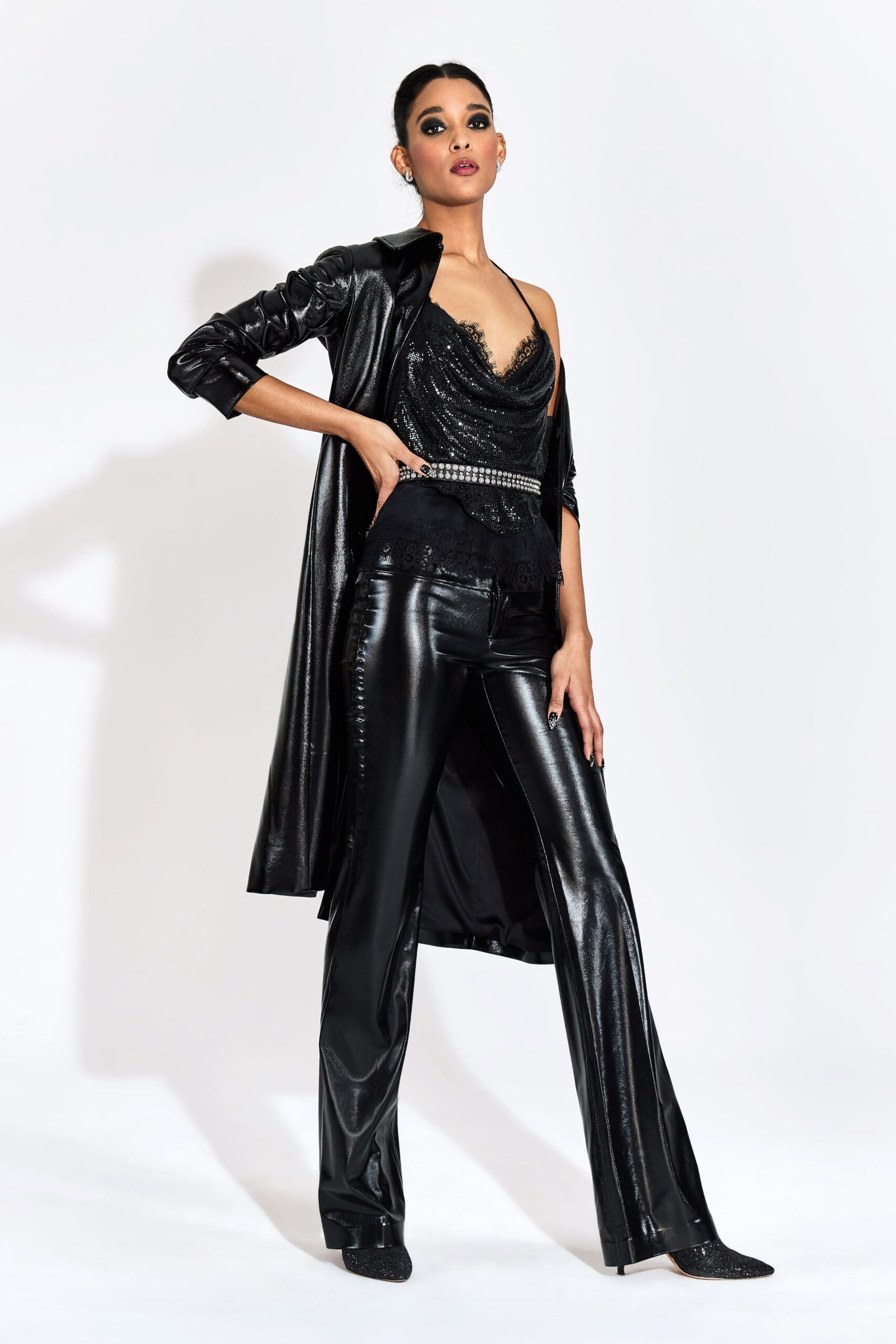 black silk sleeveless v-neck fitted layered top