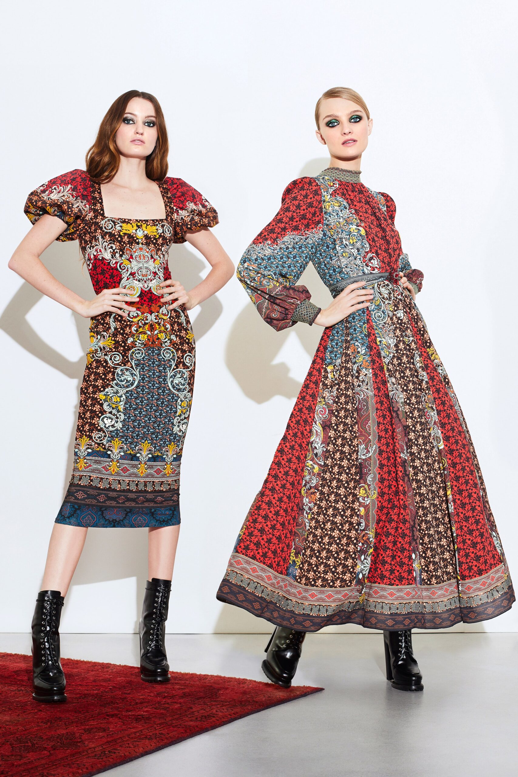 red silk long-sleeve high-neck fitted flared printed dress