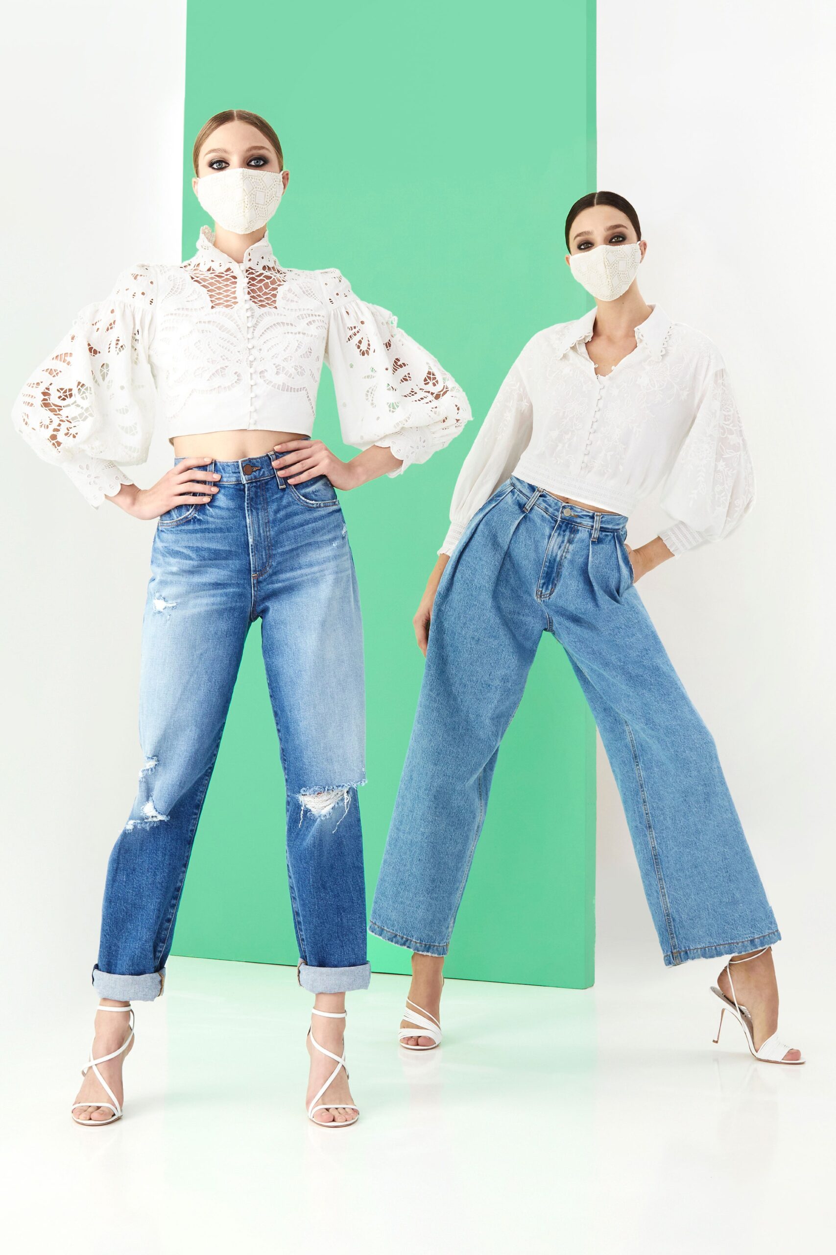 white embroidered cropped blouse and blue jeans