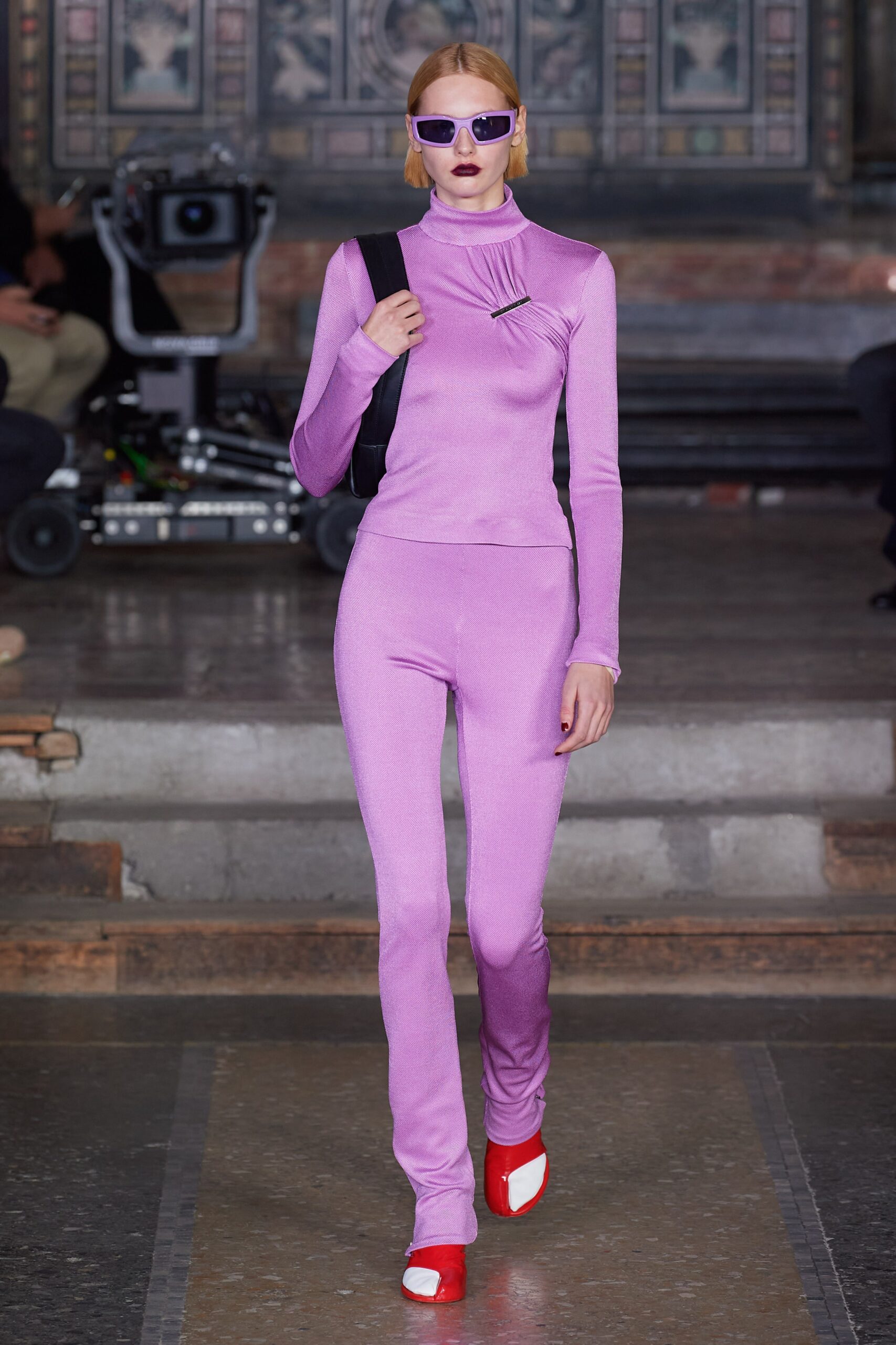 purple jersey long-sleeve high-neck fitted catsuit