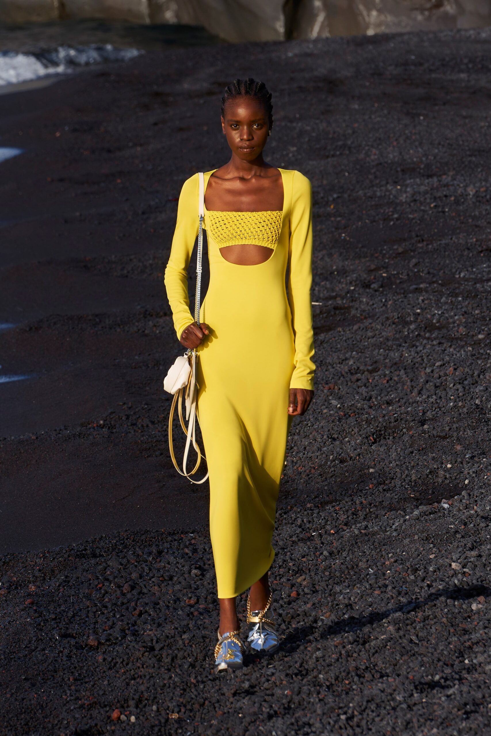 fitted yellow long-sleeve dress