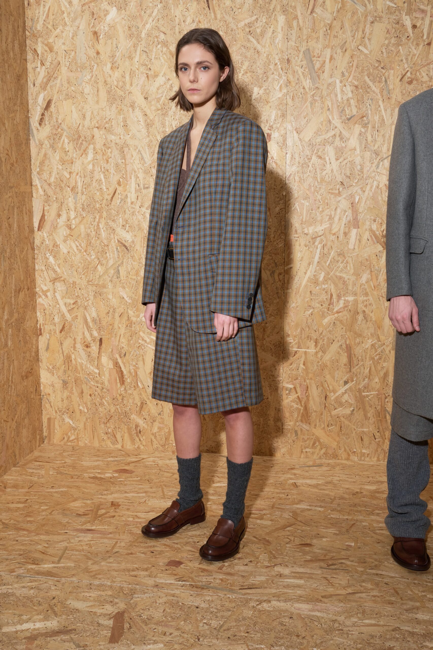 brown checked blazer and shorts