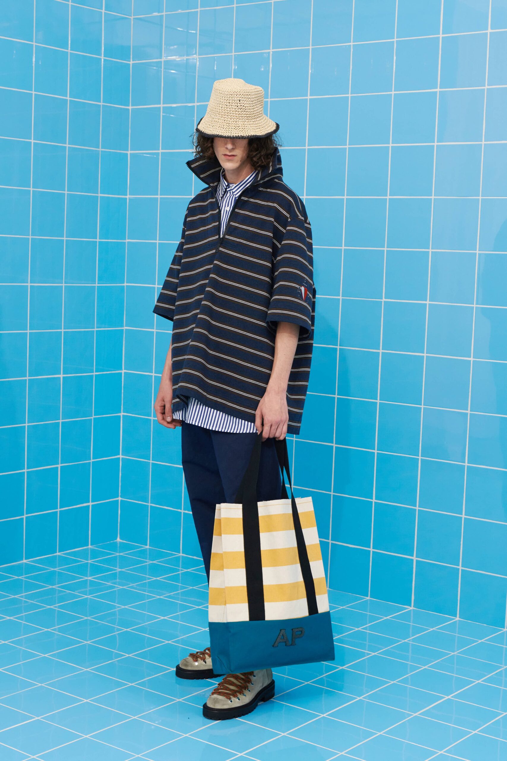 relaxed striped shirt and navy pants