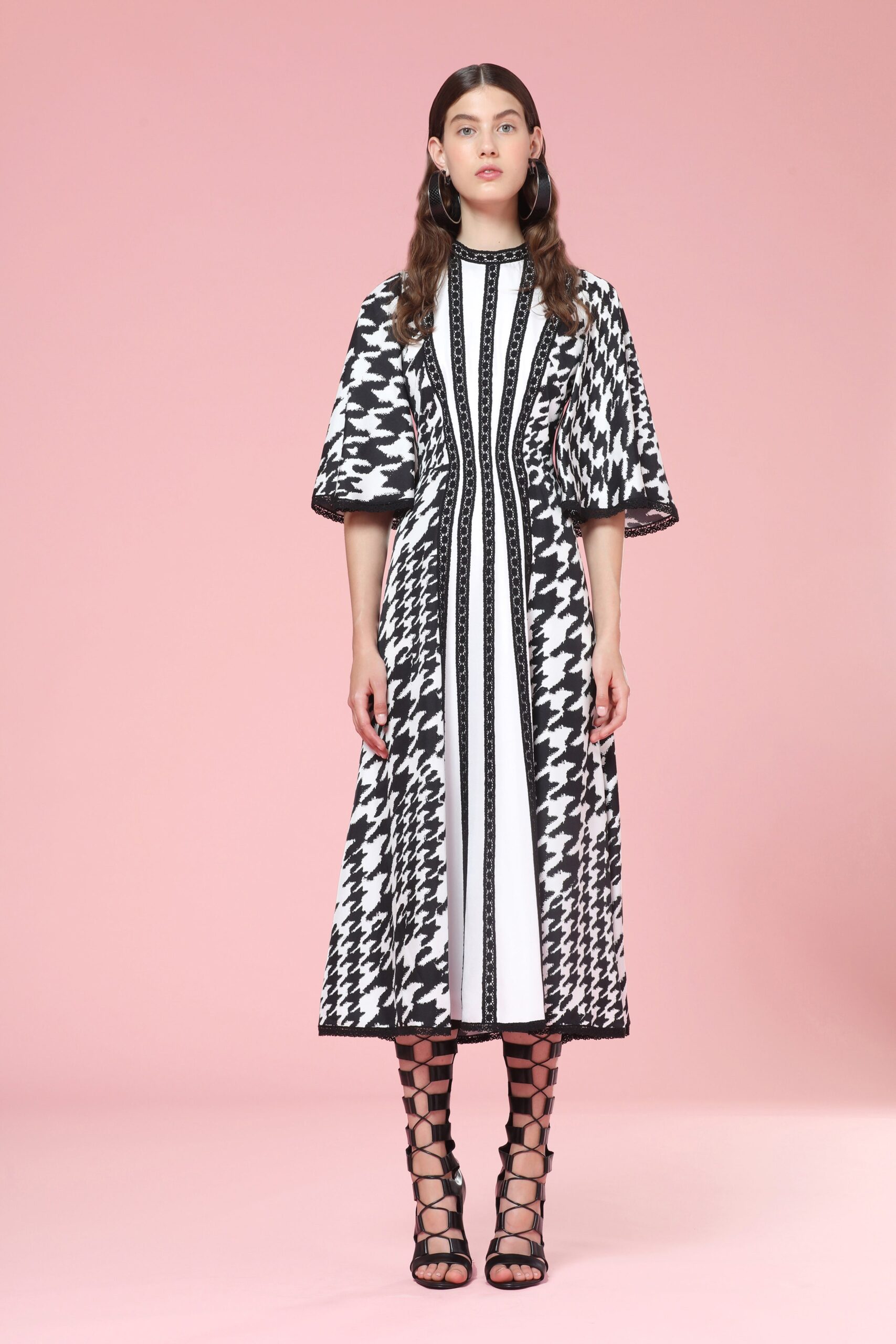 black cotton short-sleeve high-neck fitted printed tiered dress