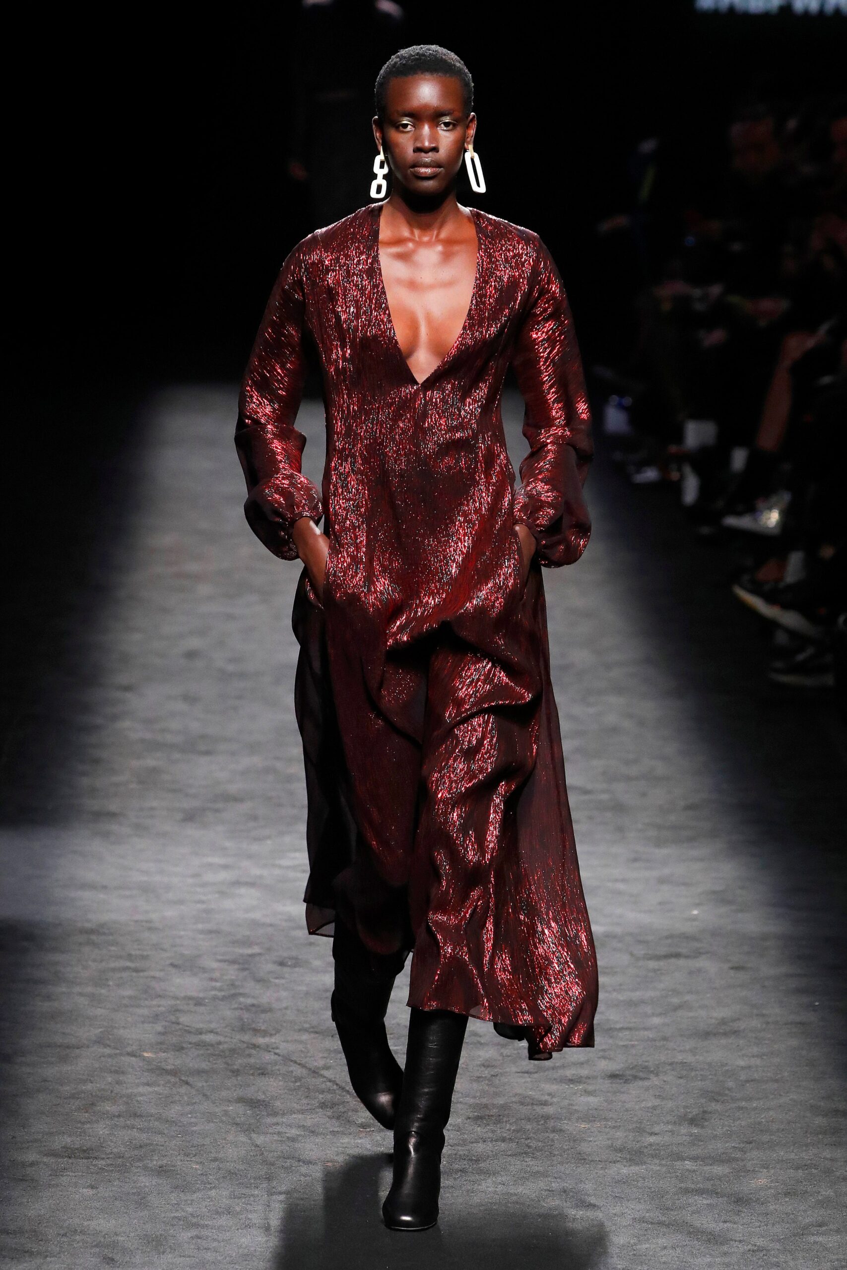 red silk long-sleeve gown