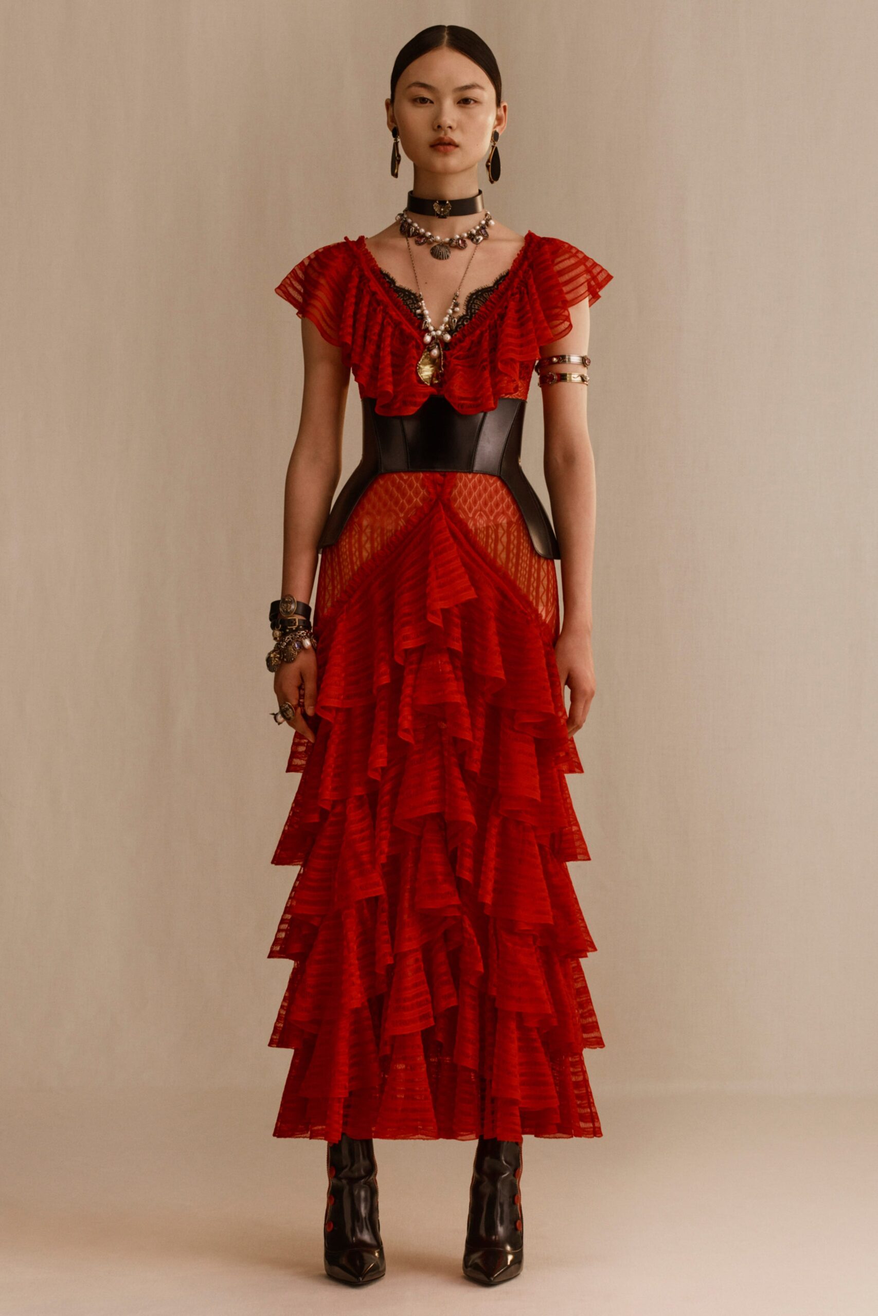 red ruffled midi dress with black corset