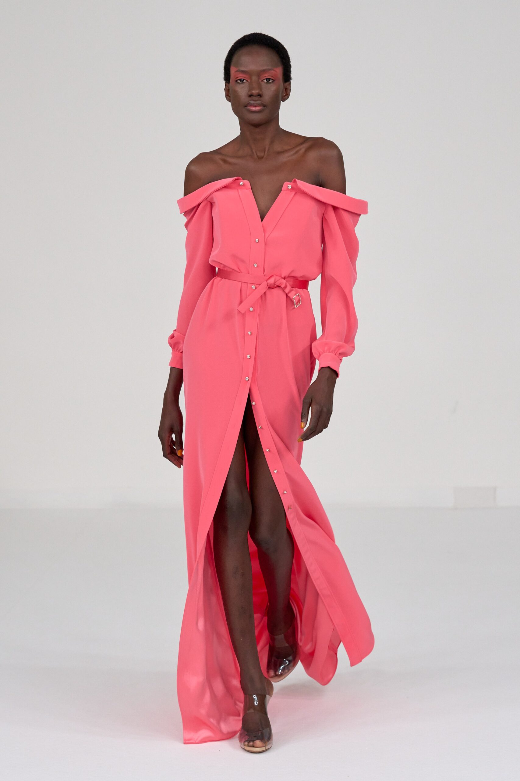 pink chiffon off-shoulder dress