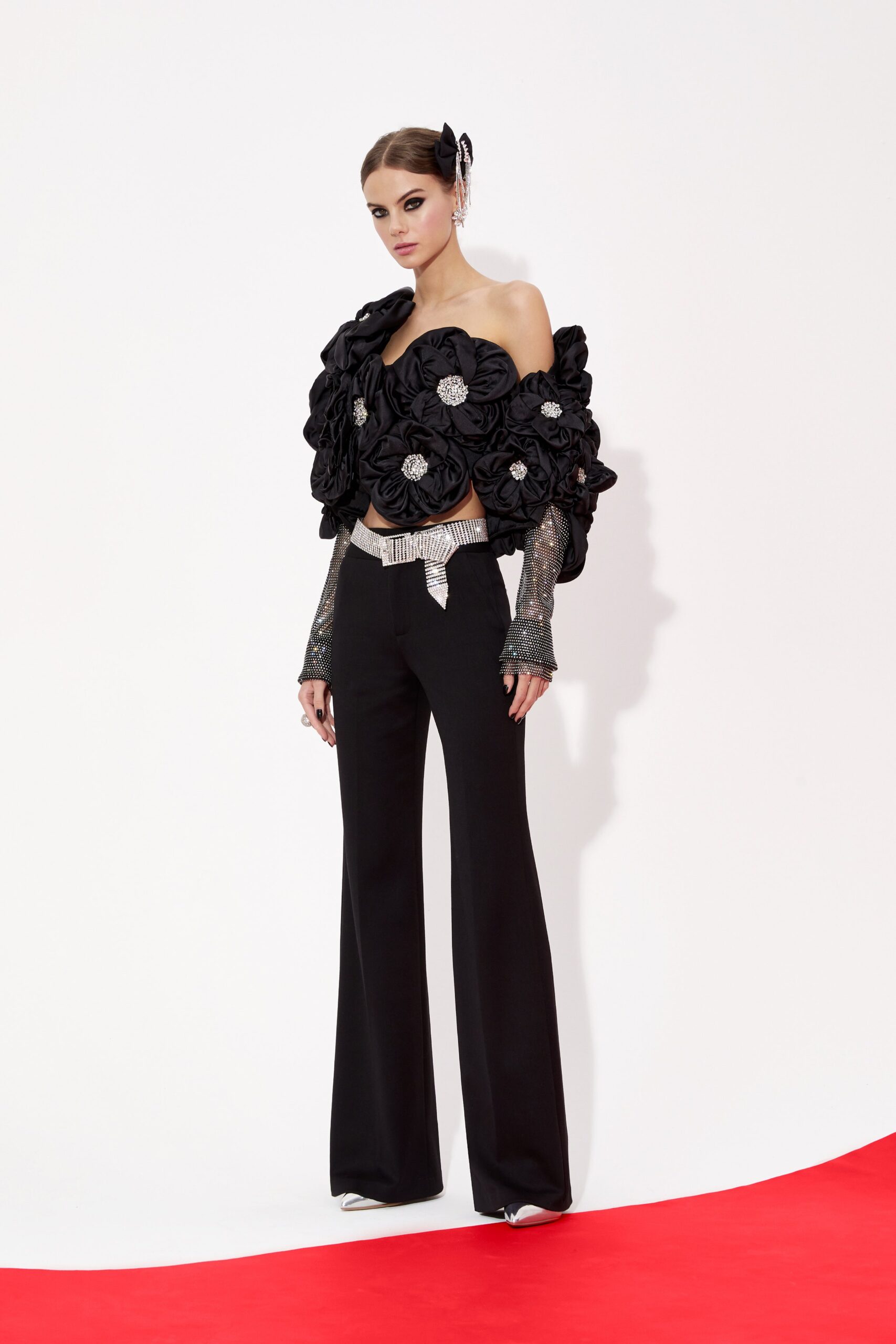 black wool tailored wide-leg pants