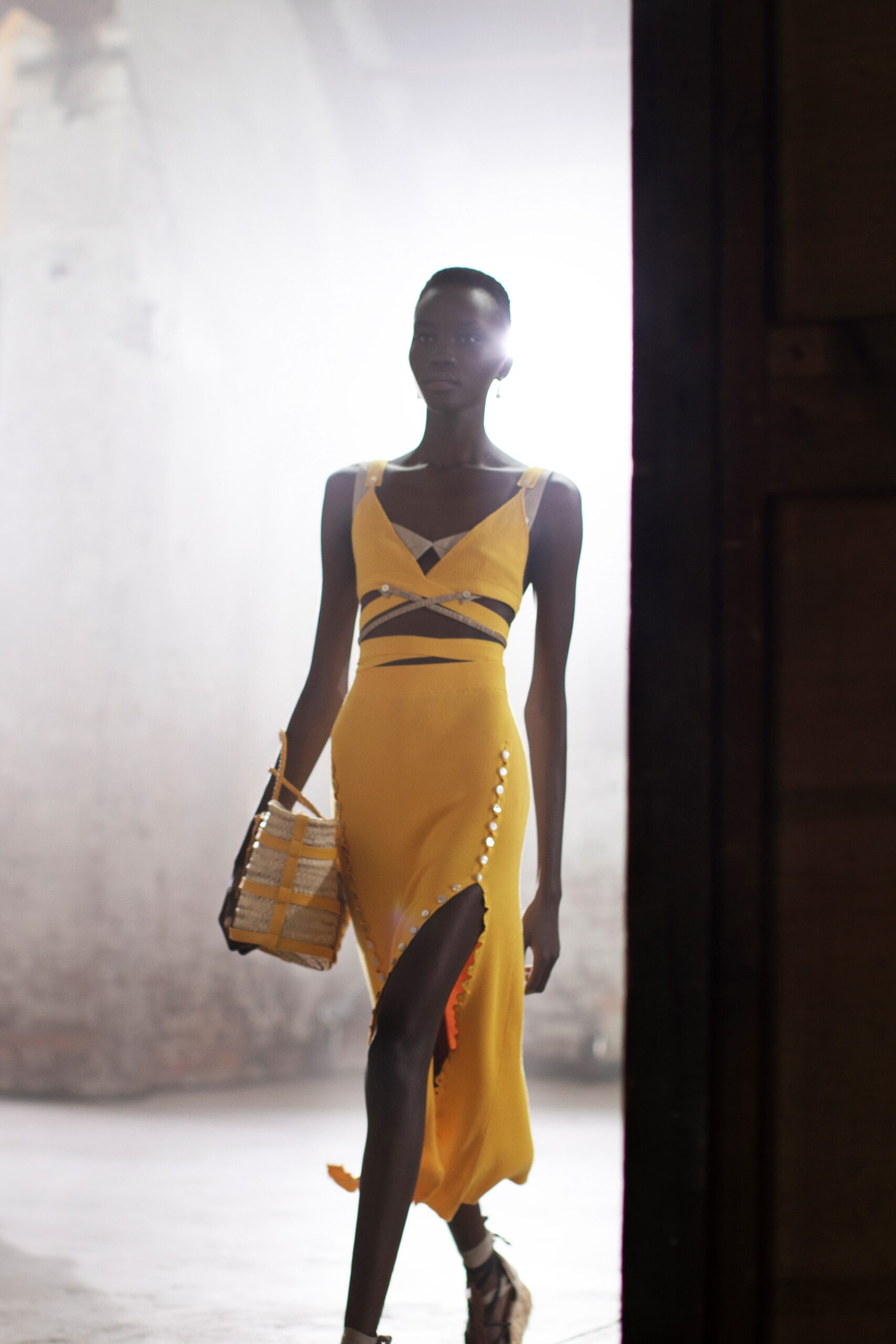 fitted yellow silk midi dress