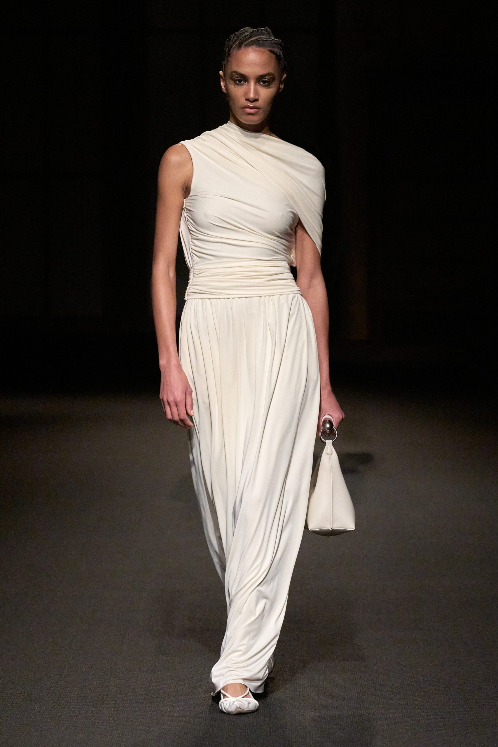 white silk draped maxi dress