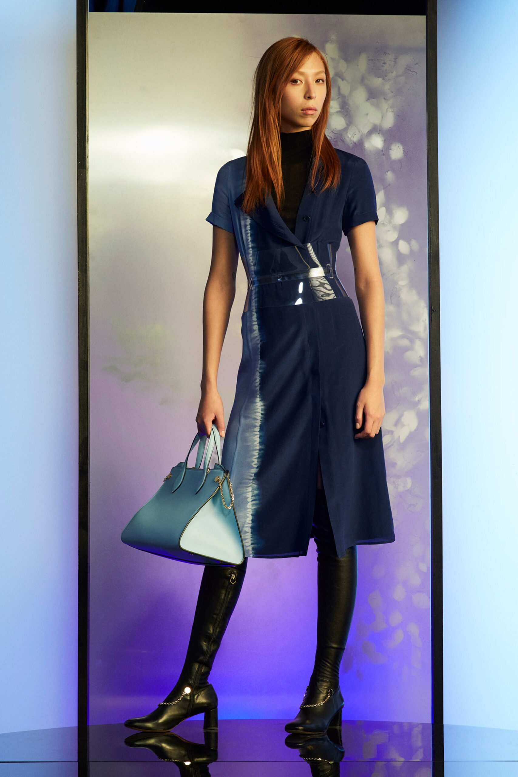 blue vinyl midi dress