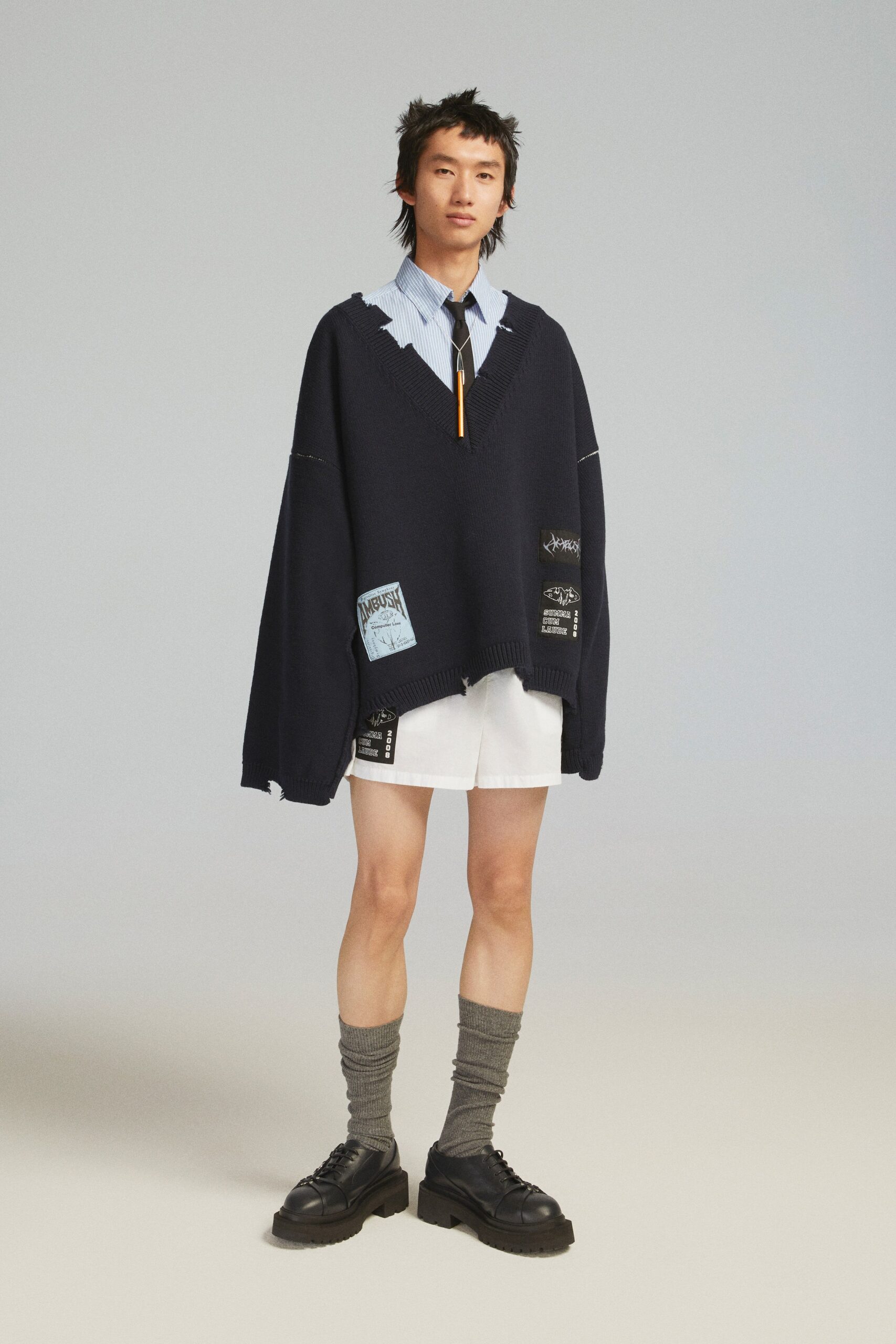 black cotton long-sleeve v-neck oversized layered sweater