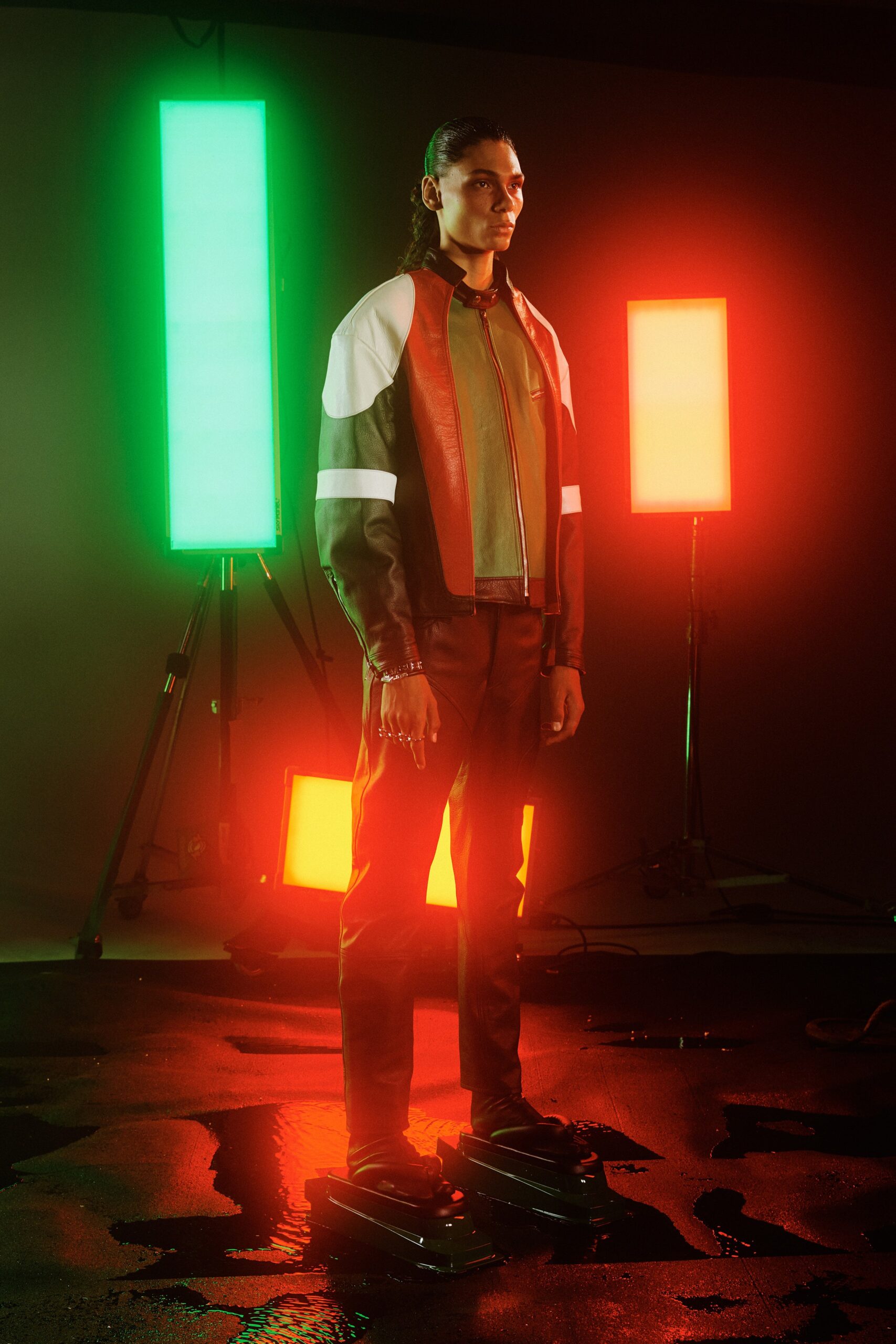 fitted leather jacket and pants