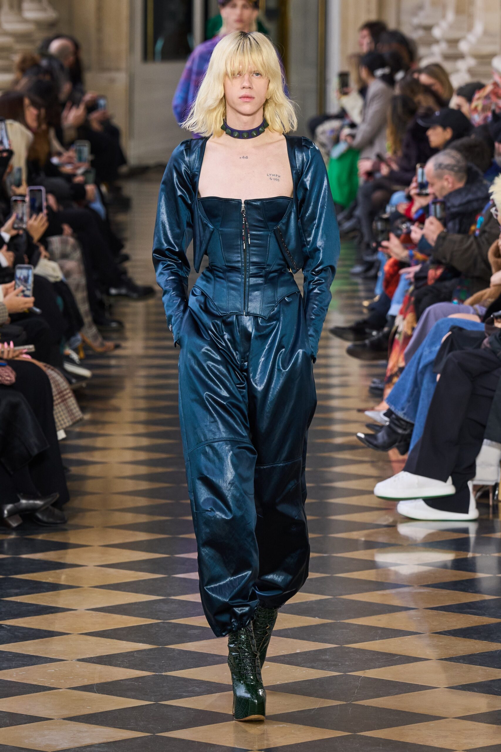 blue satin fitted jumpsuit
