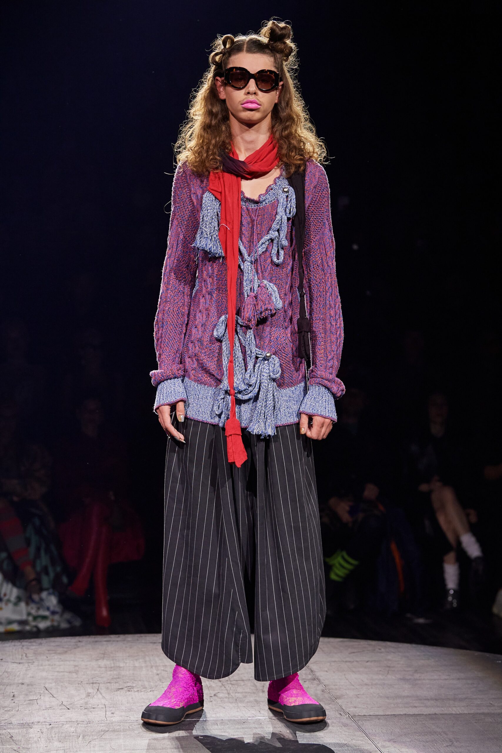 relaxed purple sweater with wide-leg pants