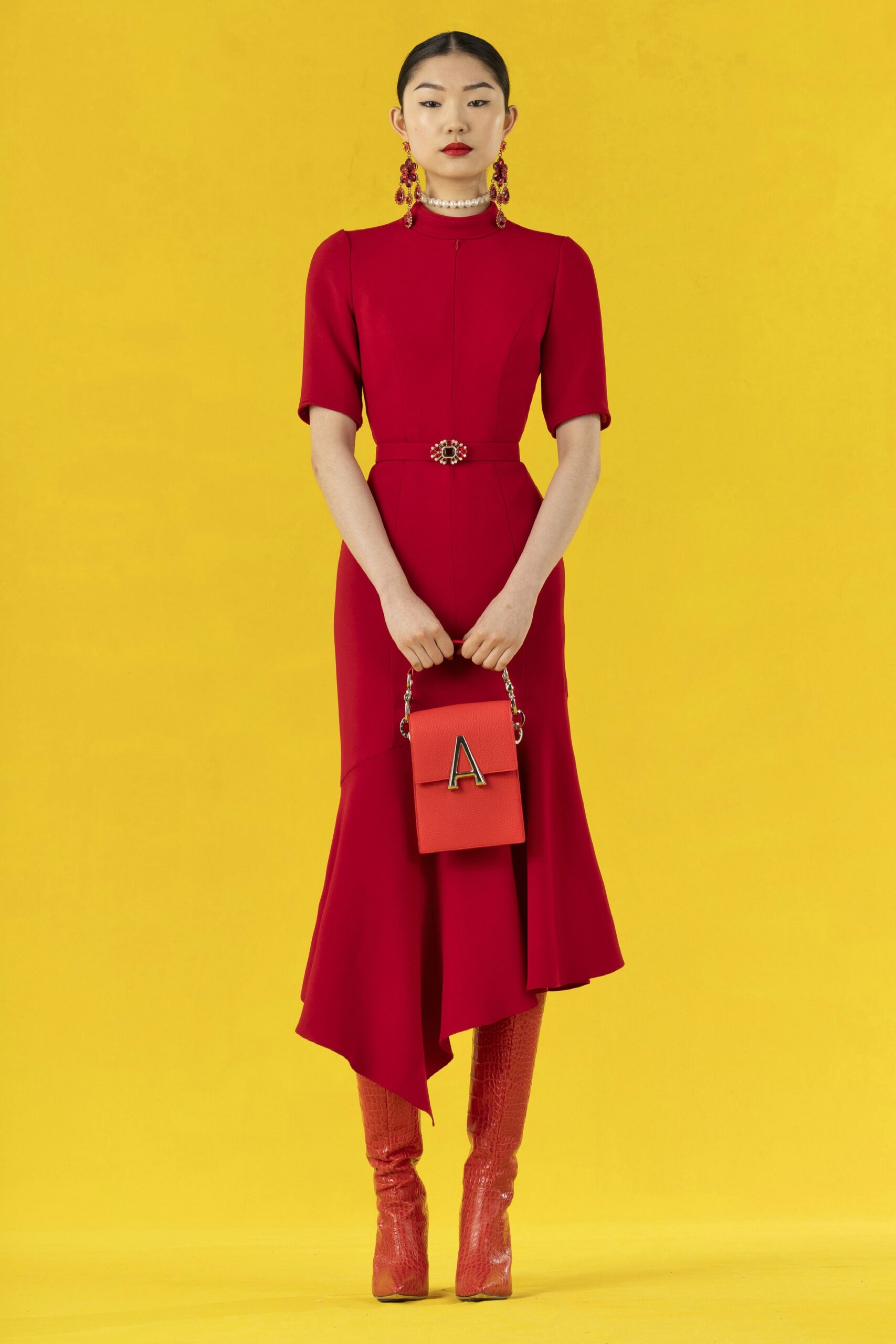 fitted red asymmetric dress